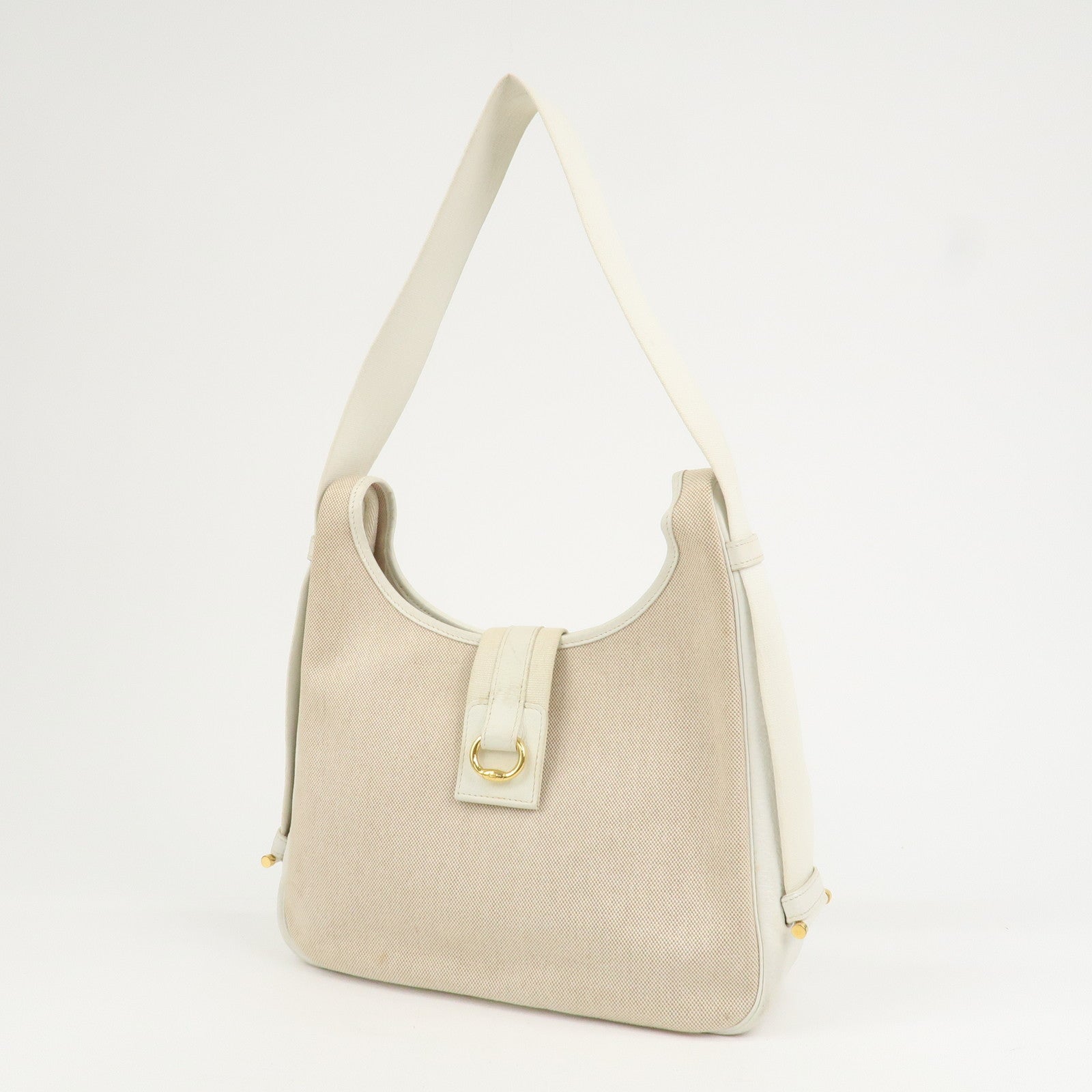 HERMES Saco Canvas Leather Shoulder Bag B Stamped Natural Gold HDW