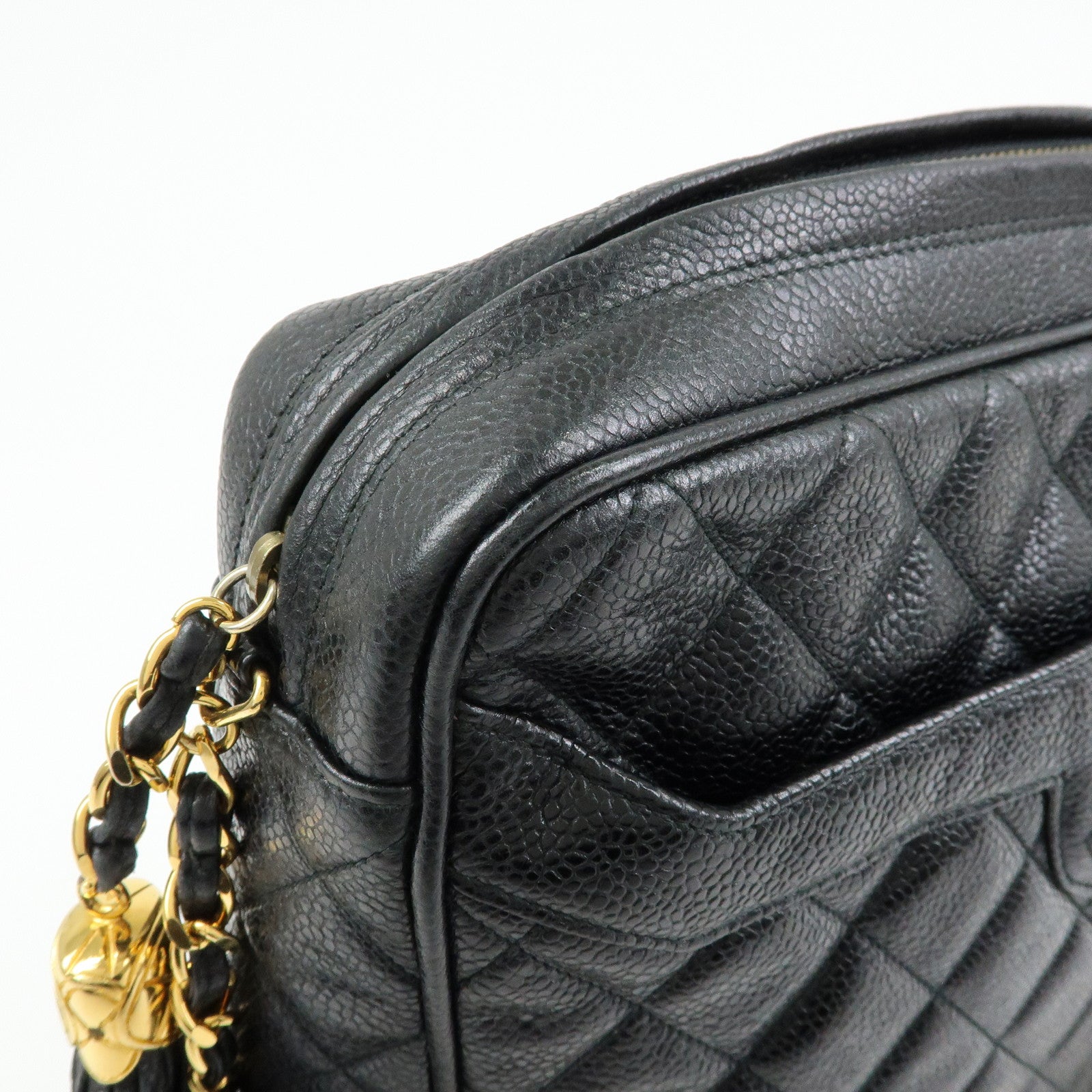 CHANEL Matelasse Cavairskin Chain Shoulder Bag Tassel Black Gold