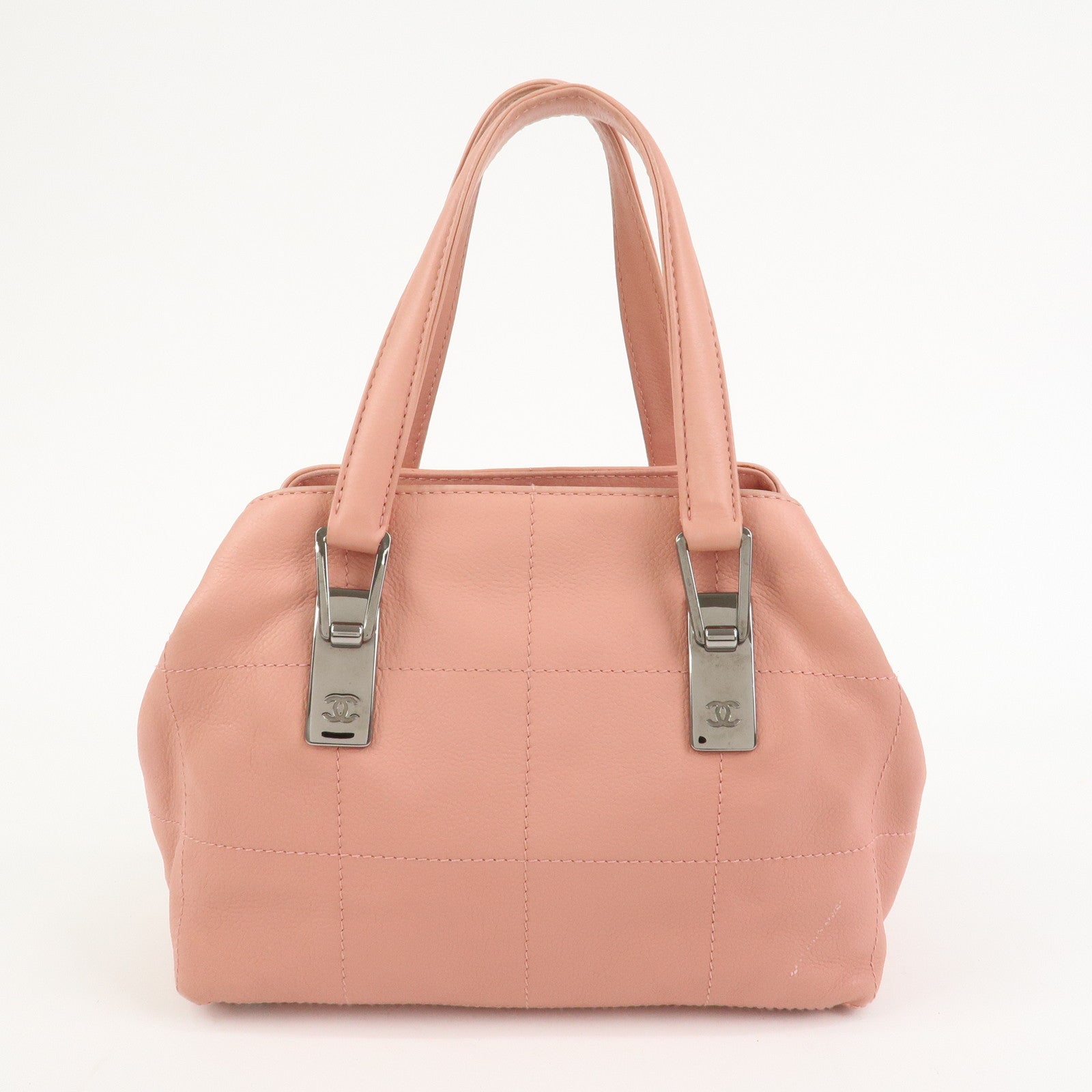 CHANEL Chocolate Bar Calf Leather Boston Bag Hand Bag Pink