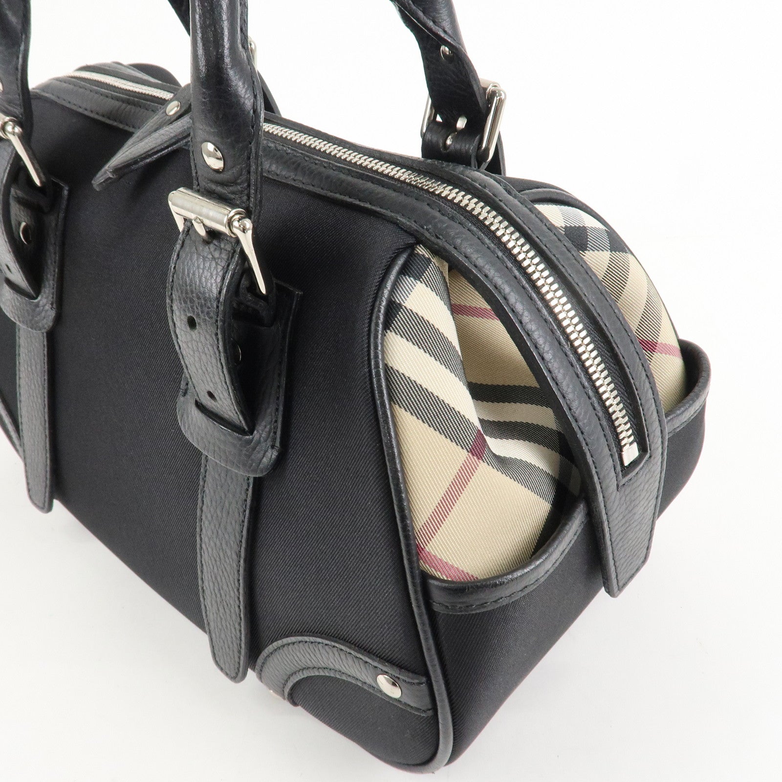 BURBERRY Canvas Leather Nova Plaid Boston Bag Black Beige Used