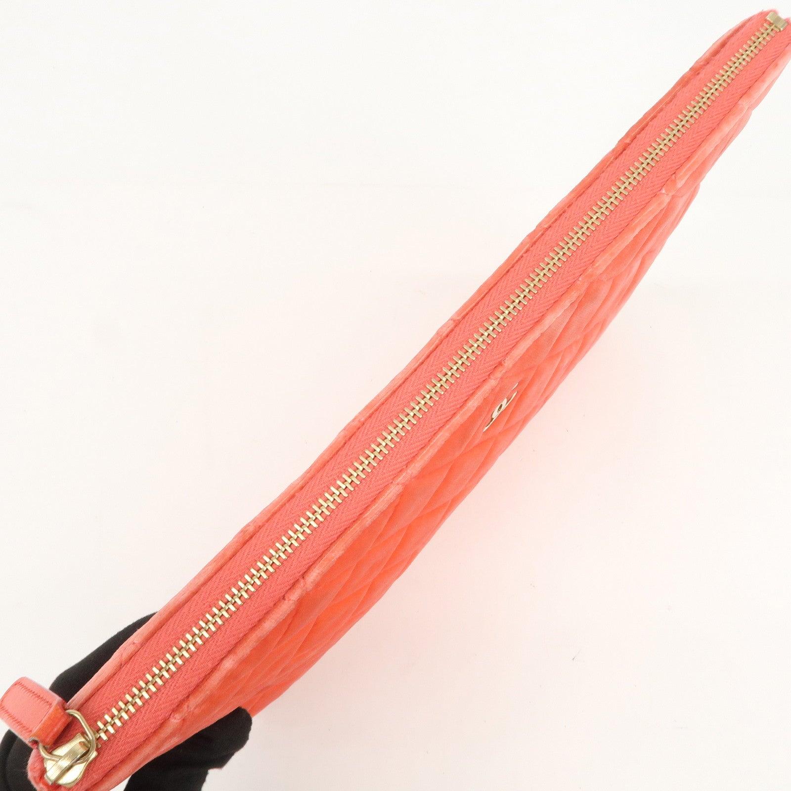 CHANEL COCO Mark Matelasse Velour Leather Clutch Bag Orange