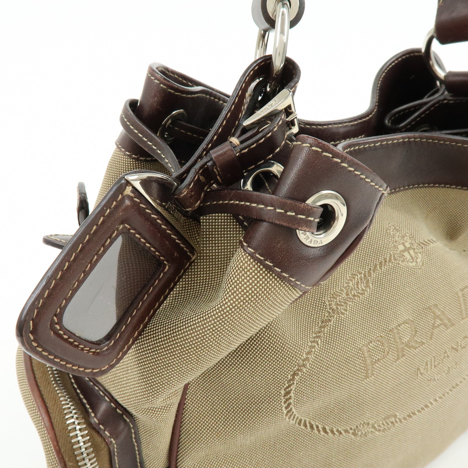 PRADA Logo Jacquard Canvas Embossed Leather Shoulder Bag BR3433