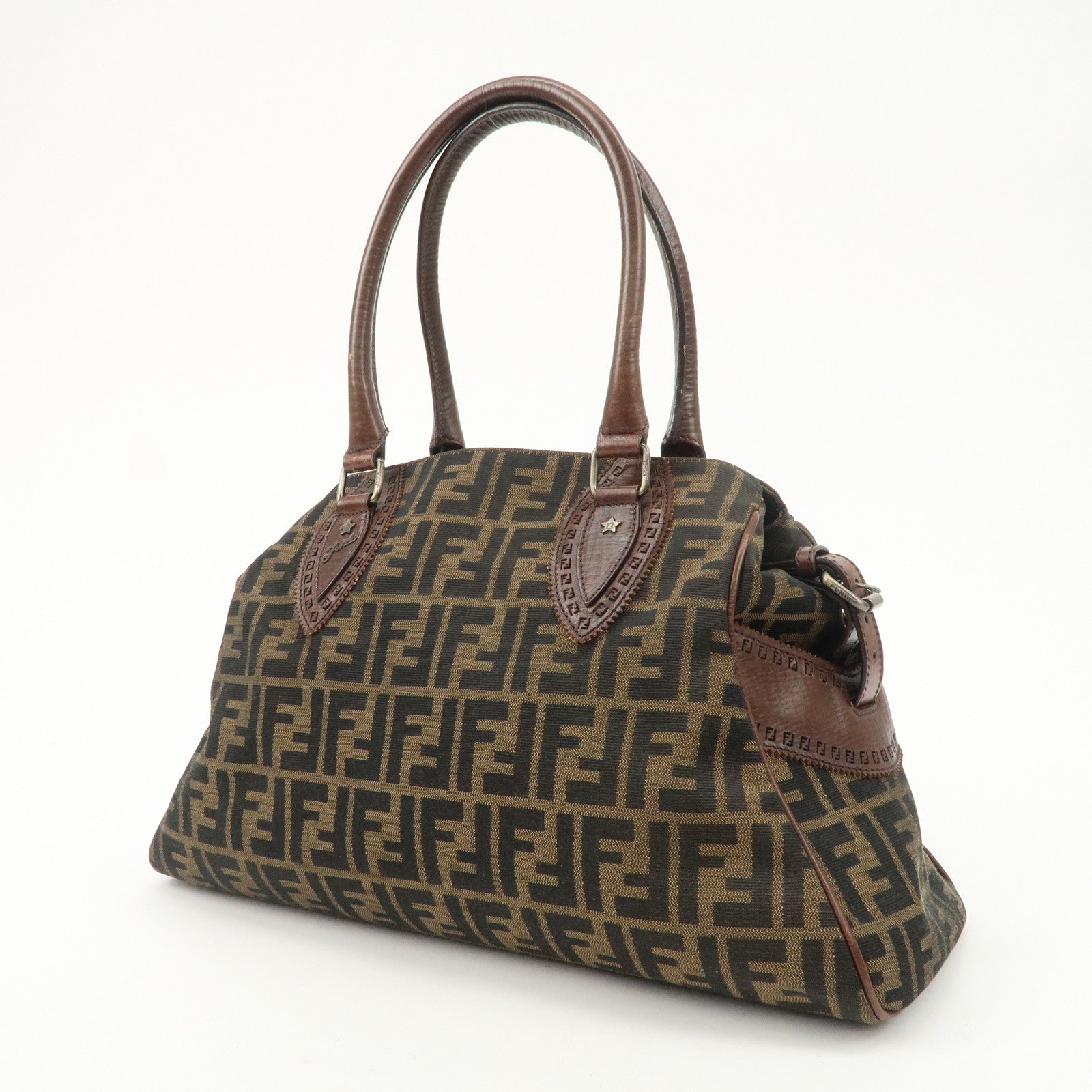 FENDI Zucca Canvas Leather Tote Bag Hand Bag Black Brown 8BN162 Used