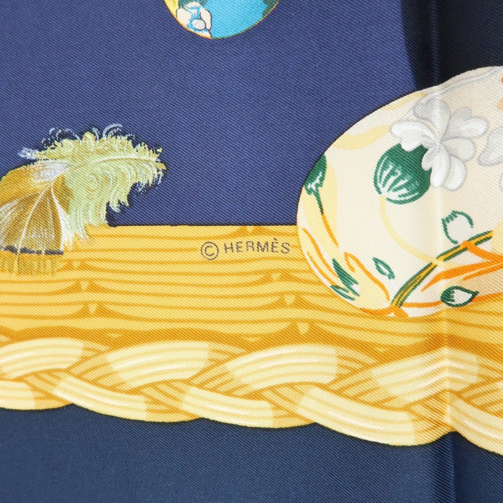 HERMES Carre 90 Silk 100% Scarf COUVEE D HERMES Egg Print Navy Gold