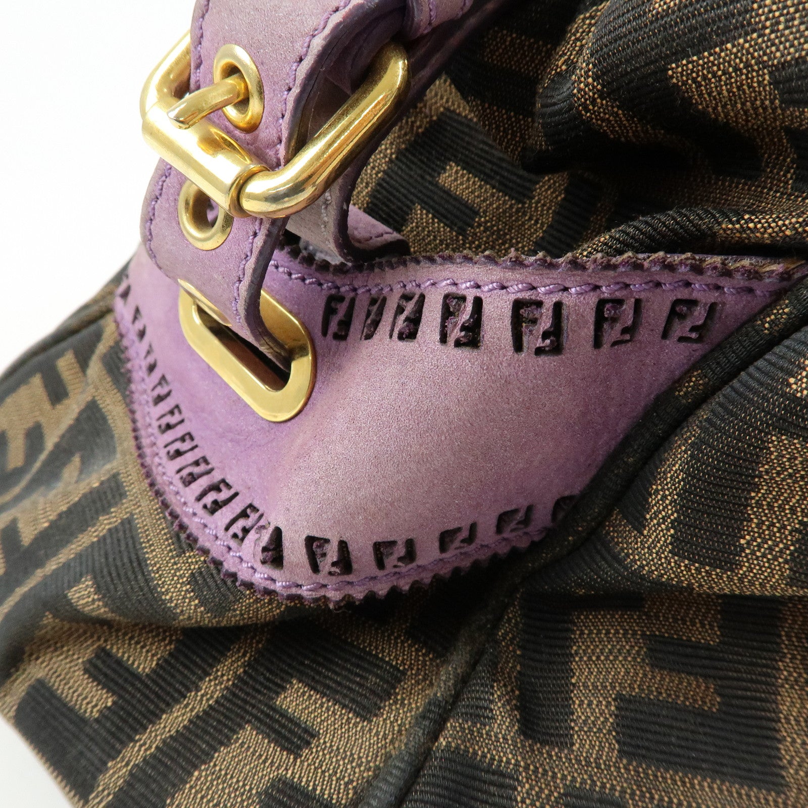 FENDI Ethnico Zucca Canvas Leather Shoulder Bag Brown Purple 8BN157