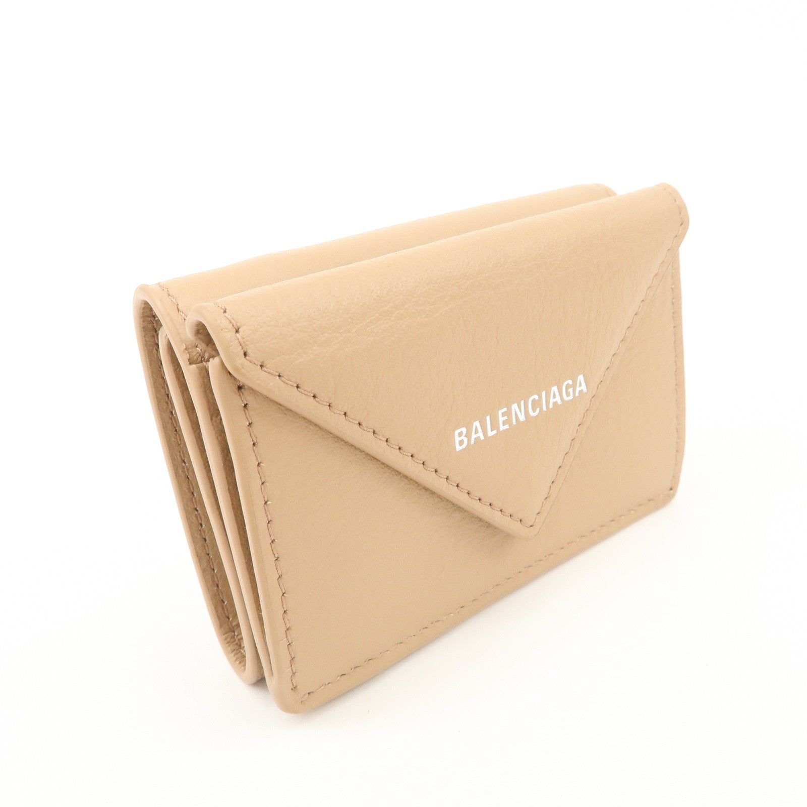 BALENCIAGA Leather Tri-fold Compact Wallet Beige 391446