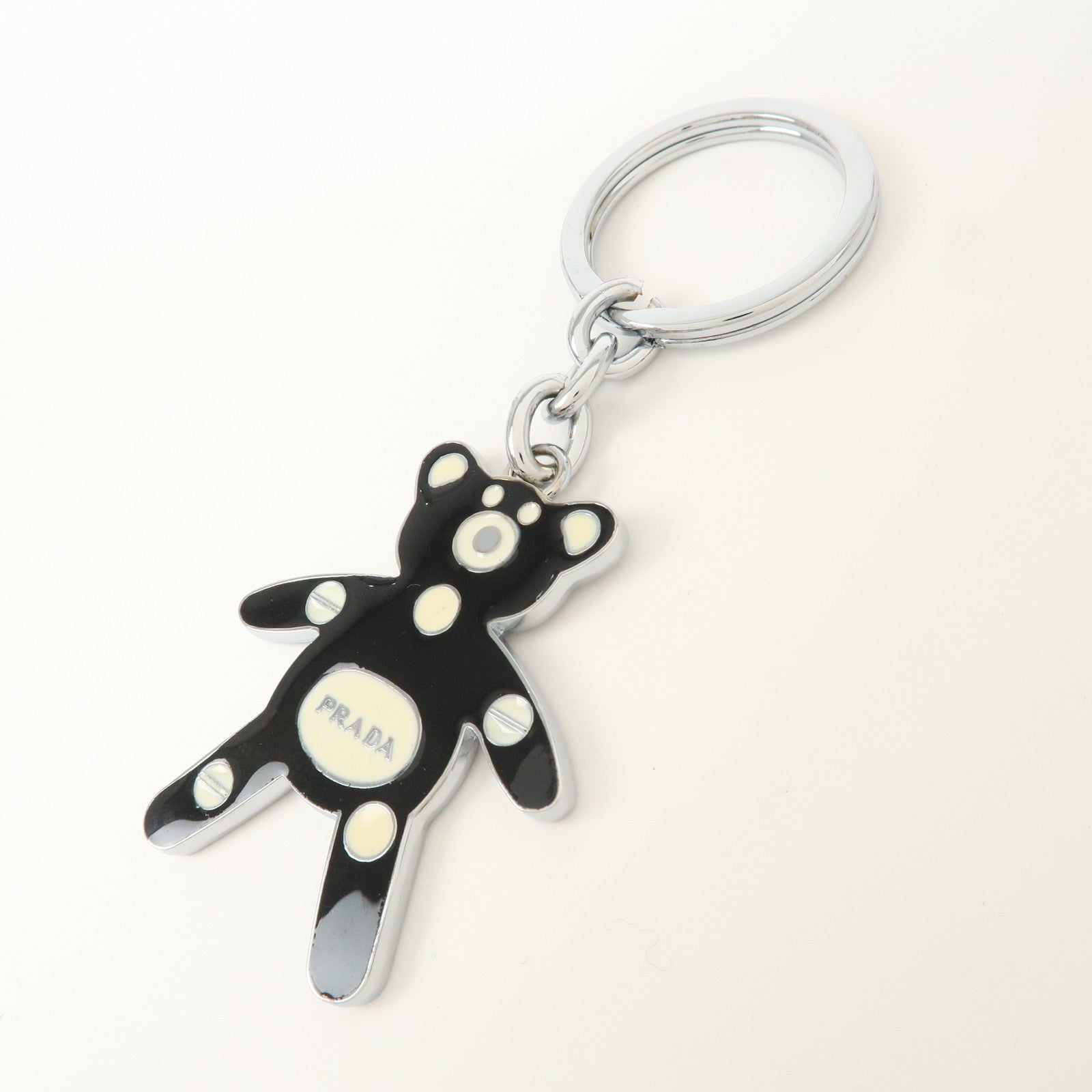 PRADA Metal Bear Bag Charm Key Chain Black Silver 1AJB11