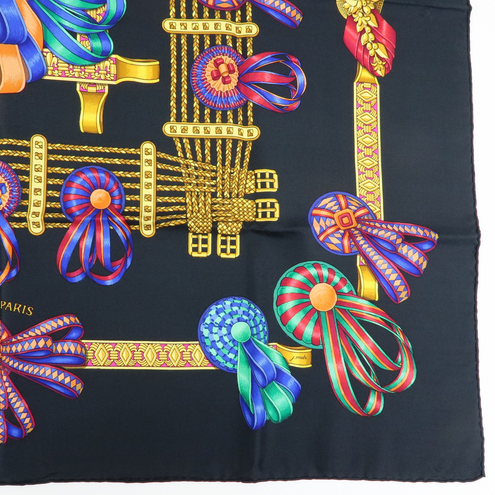 HERMES Carre 90 Silk 100% LES RUBANS DU CHEVAL Scarf Black