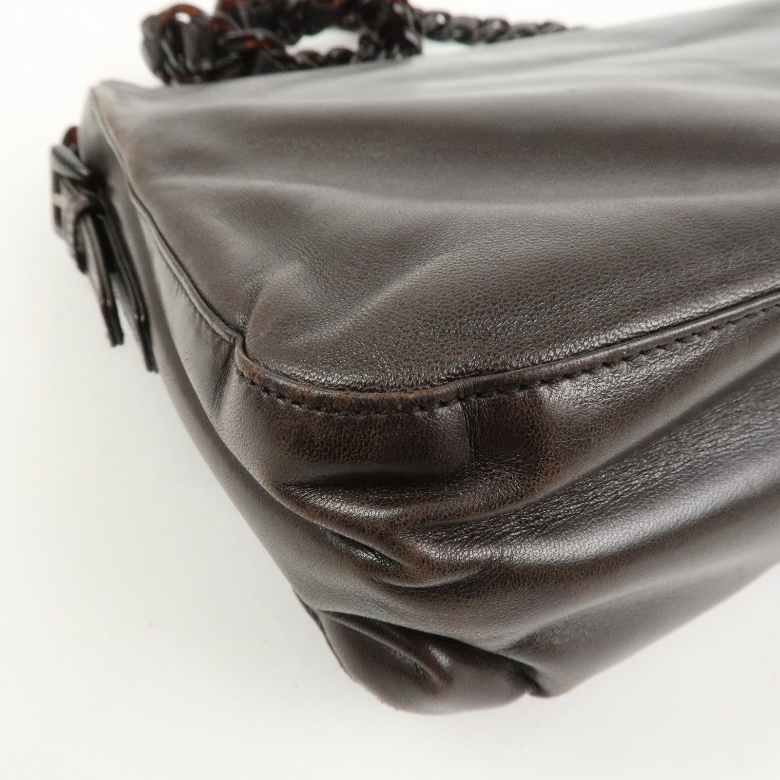PRADA Logo Suede Leather Plastic Chain Shoulder Bag Brown
