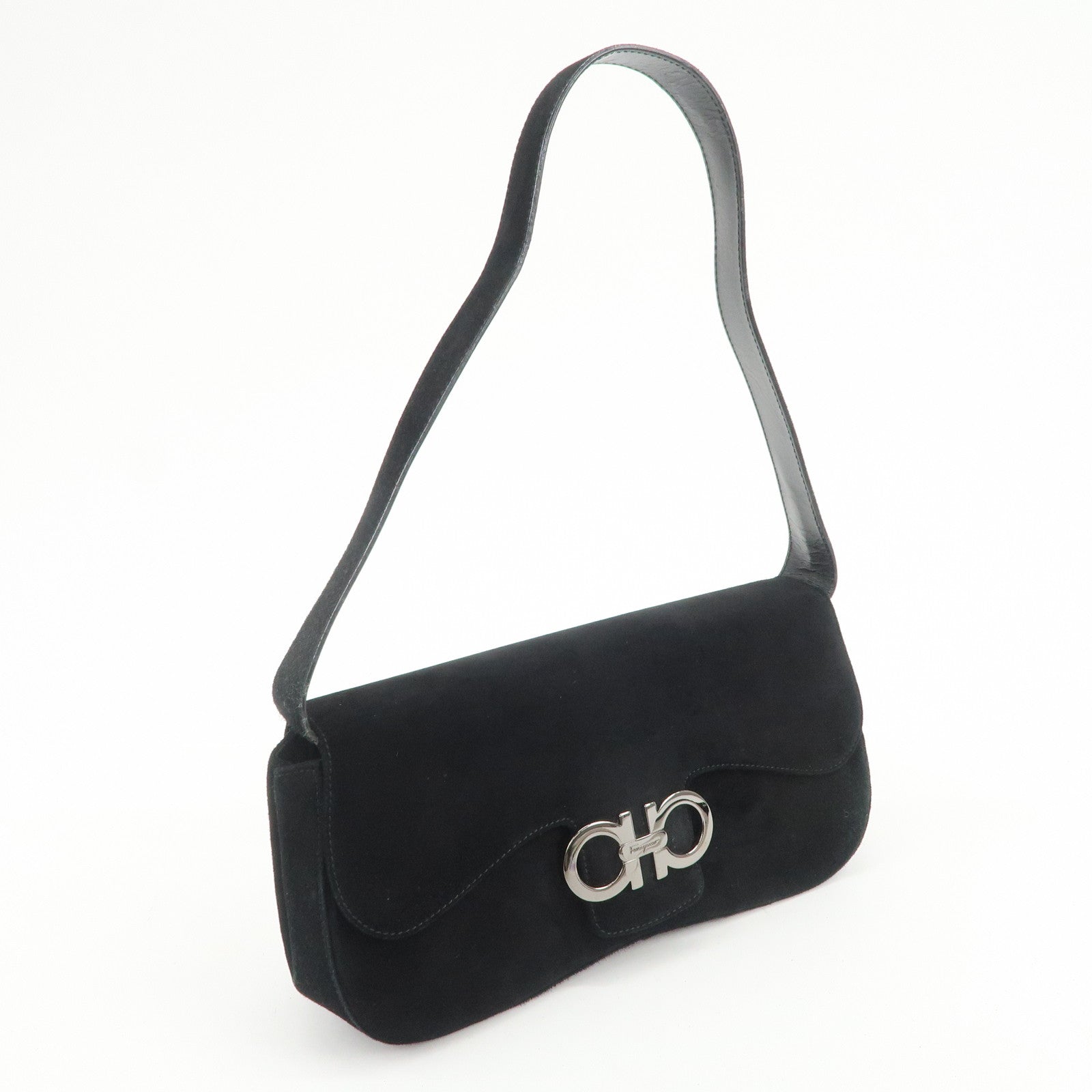 Ferragamo Gancini Suede Leather Shoulder Bag Hand Bag Black