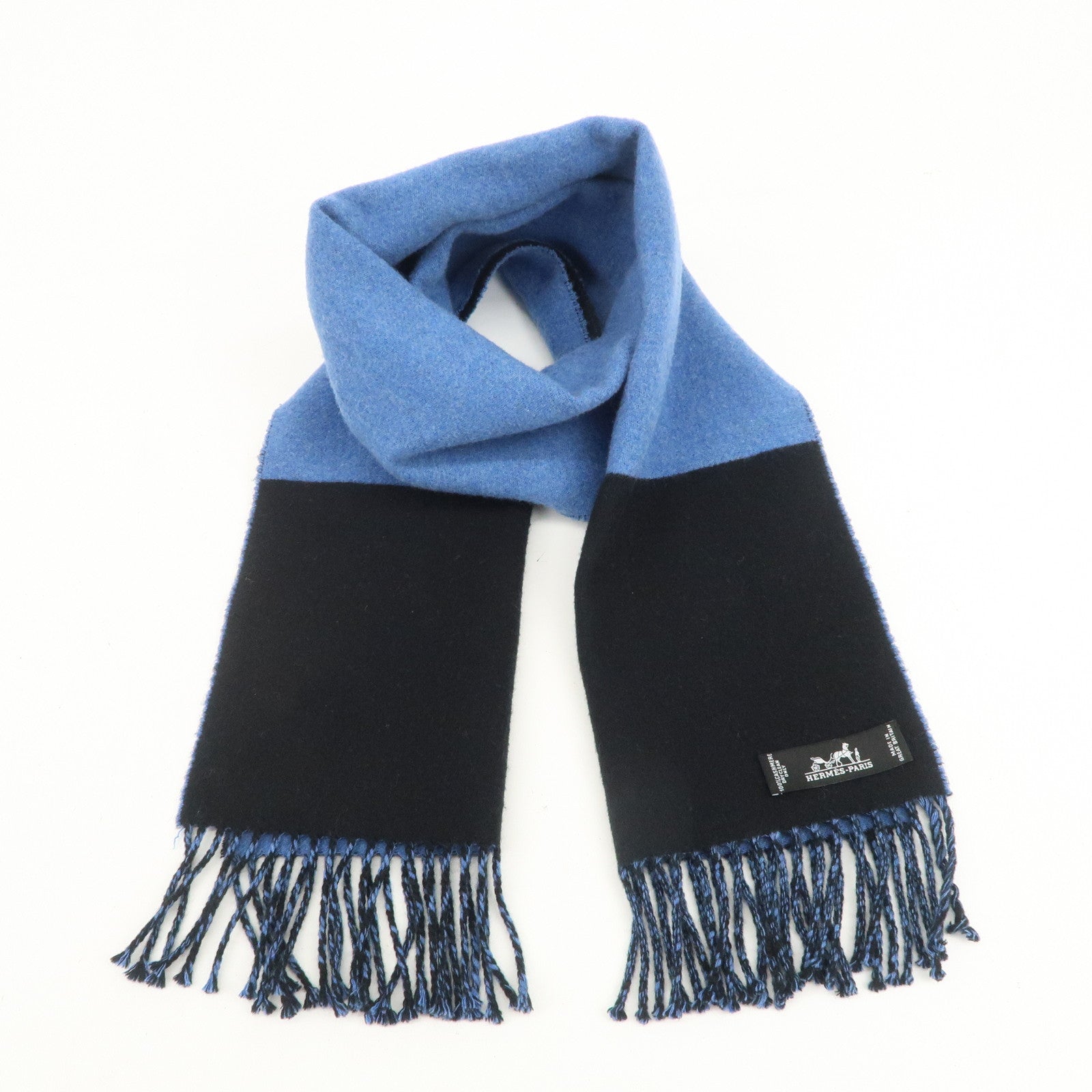 HERMES Cashmere 100% Scarf Blue Black