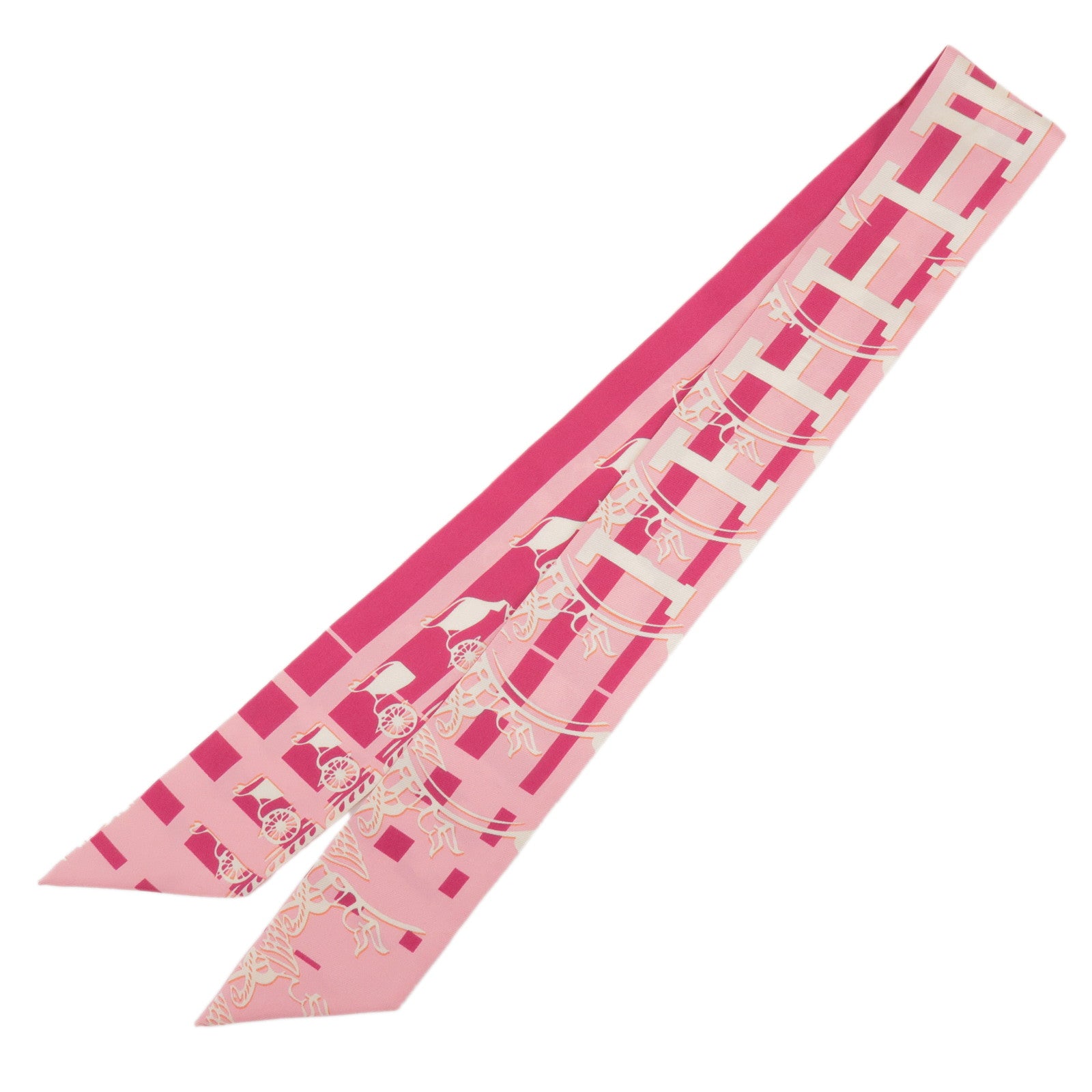 HERMES Twilly 100% Silk Scarf GINZA Logo Motif Pink White
