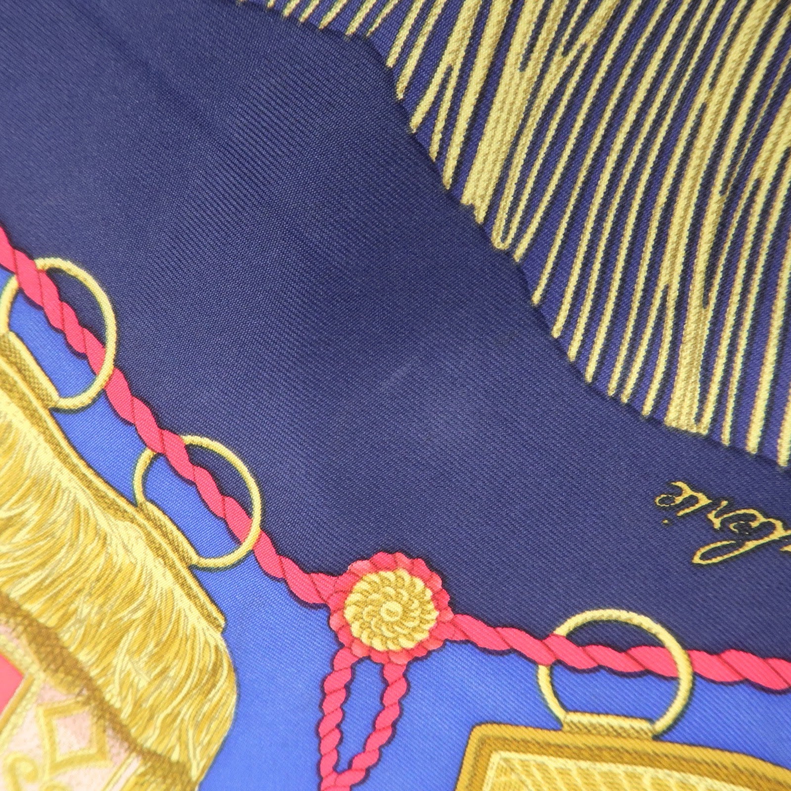 HERMES Carre 90 Silk 100% Paste et Bavalerie Scarf Blue Gold
