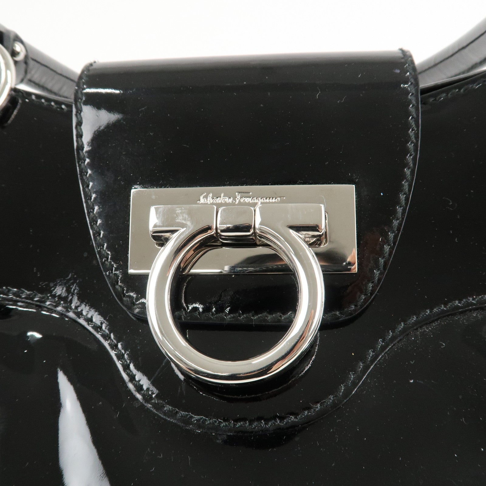 Ferragamo Gancini Patent Leather Shoulder Bag Black Silver HDW Used
