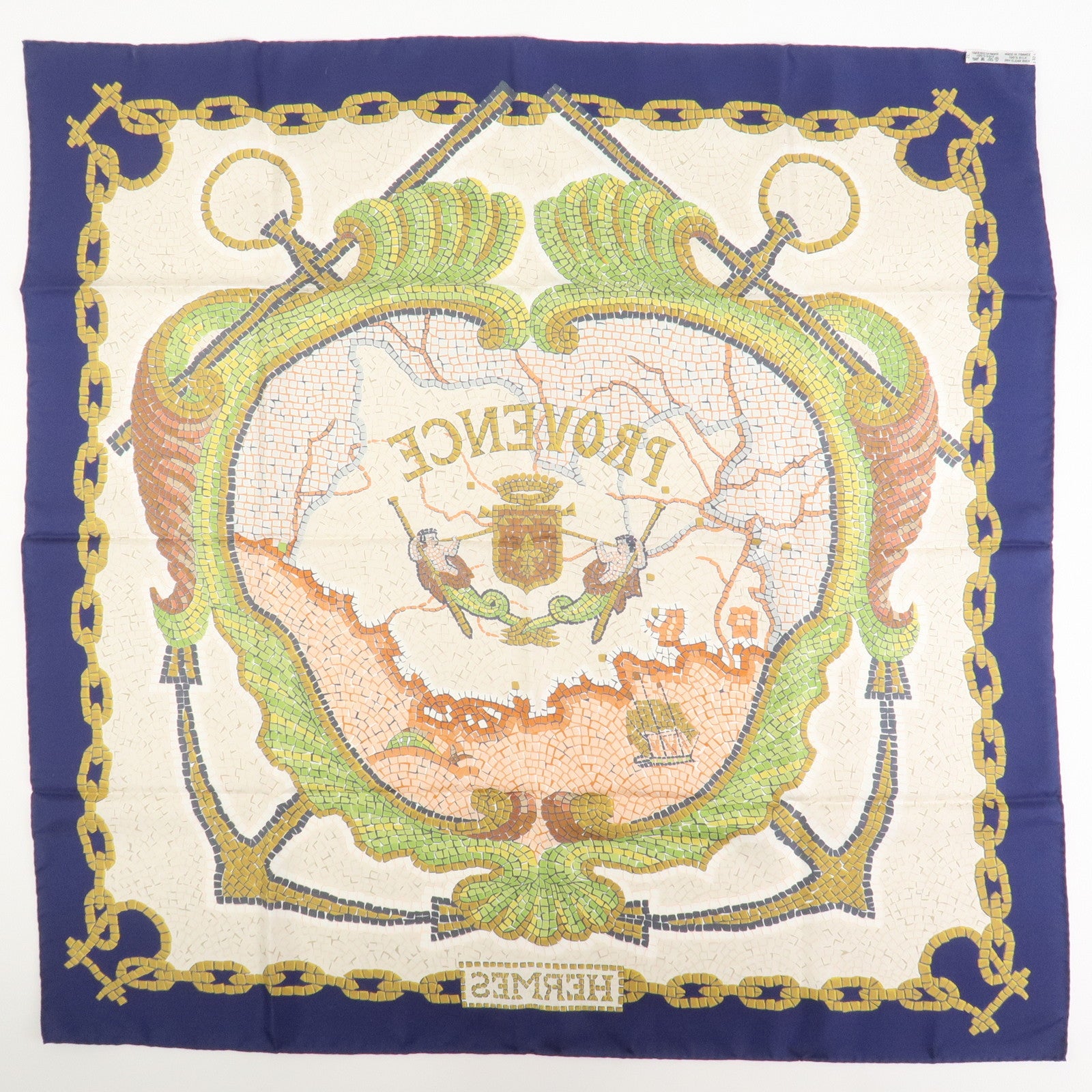 HERMES Carre 90 Silk 100% PROVENCE Scarf Navy Ivory
