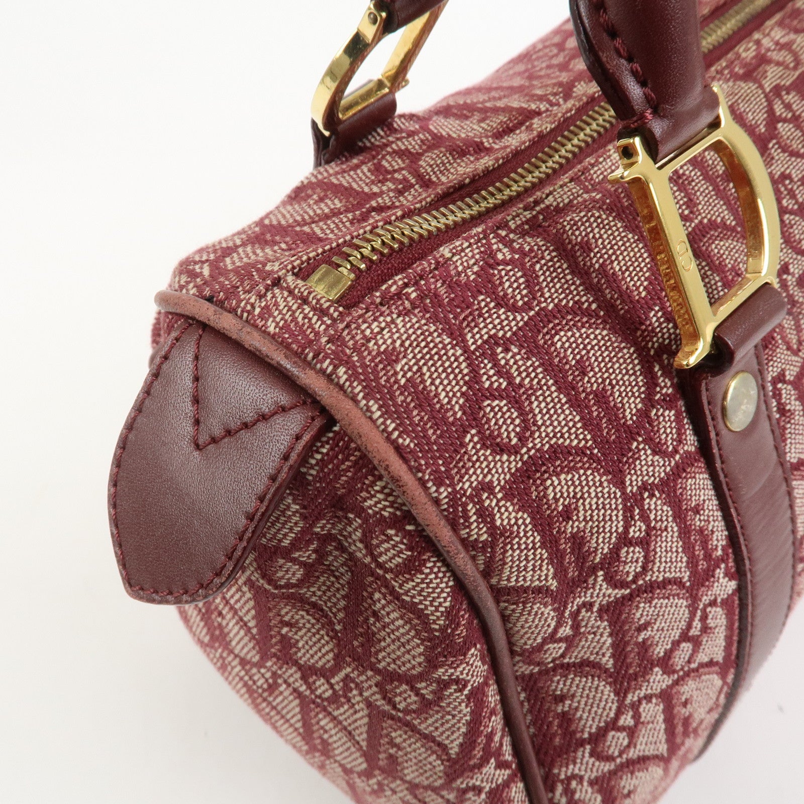 Christian Dior Trotter Jacguard Canvas Leather Boston Hand Bag Red