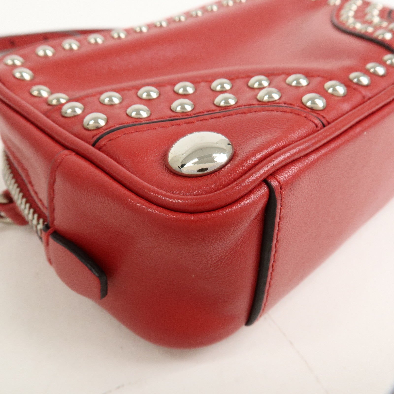 PRADA Logo Leather Mini Shoulder Bag Camera Bag Studs Red 1N1674