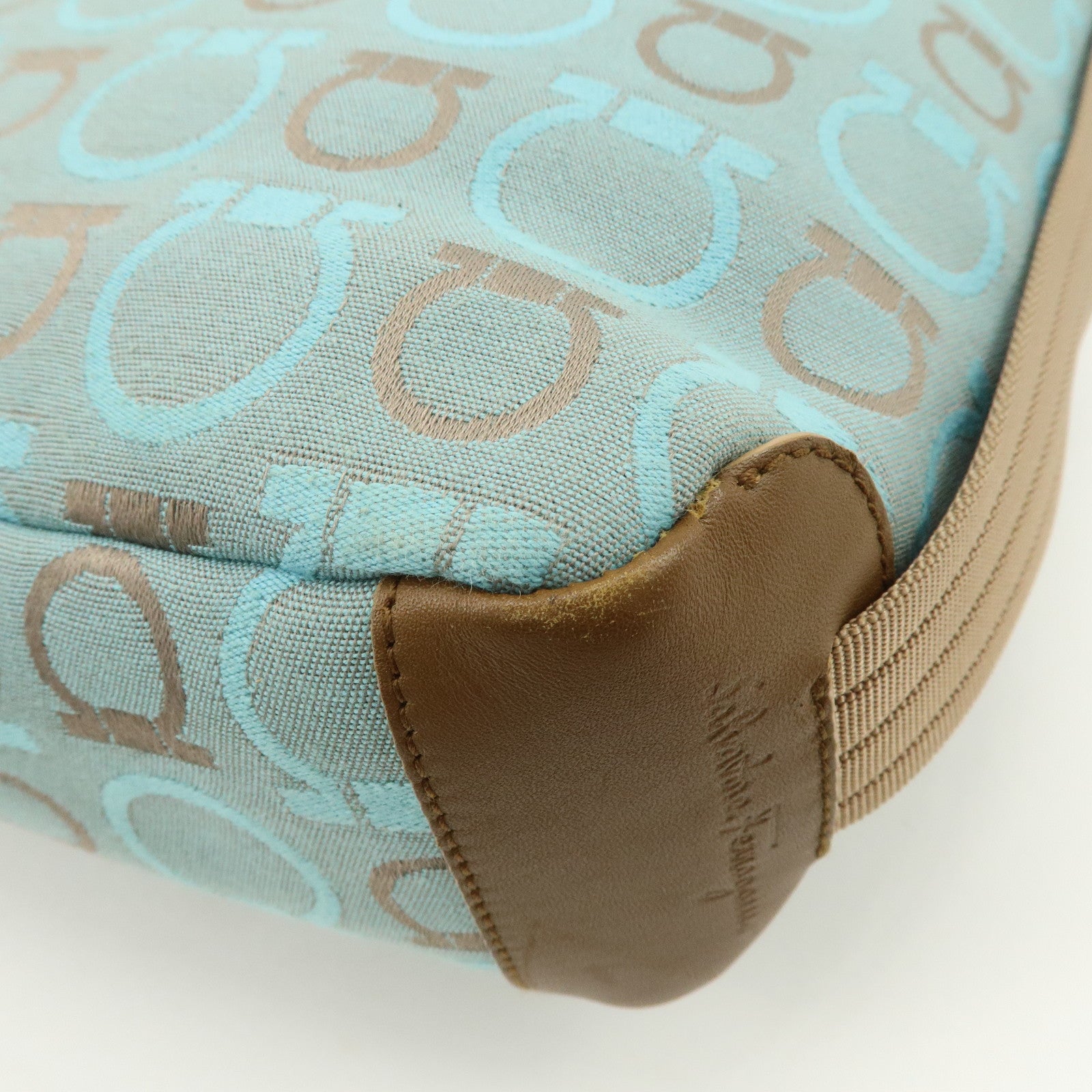 Ferragamo Gancini Canvas Leather Shoulder Bag Light Blue Brown