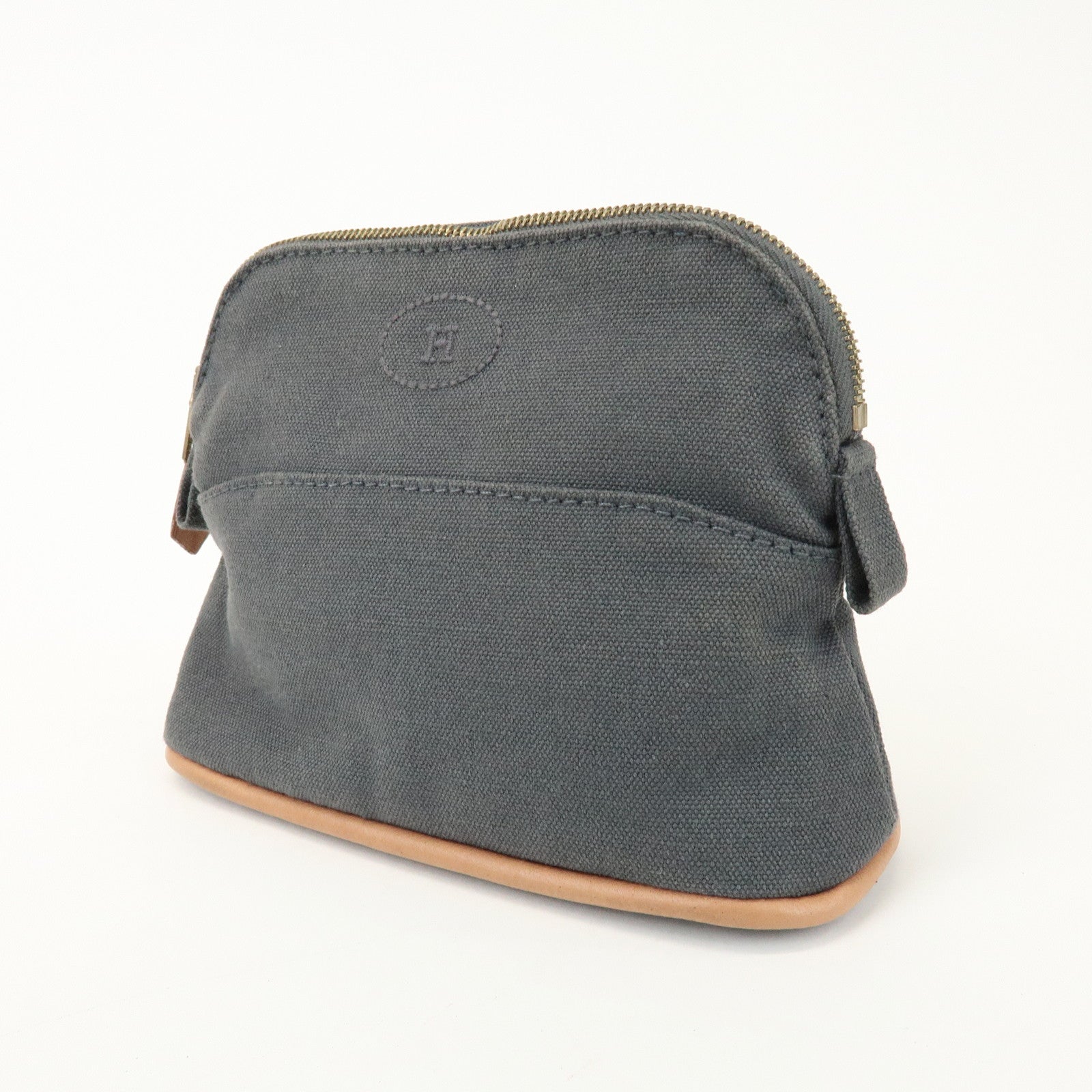 HERMES Logo Canvas Leather Bolide Pouch 16 Cosmetic Pouch