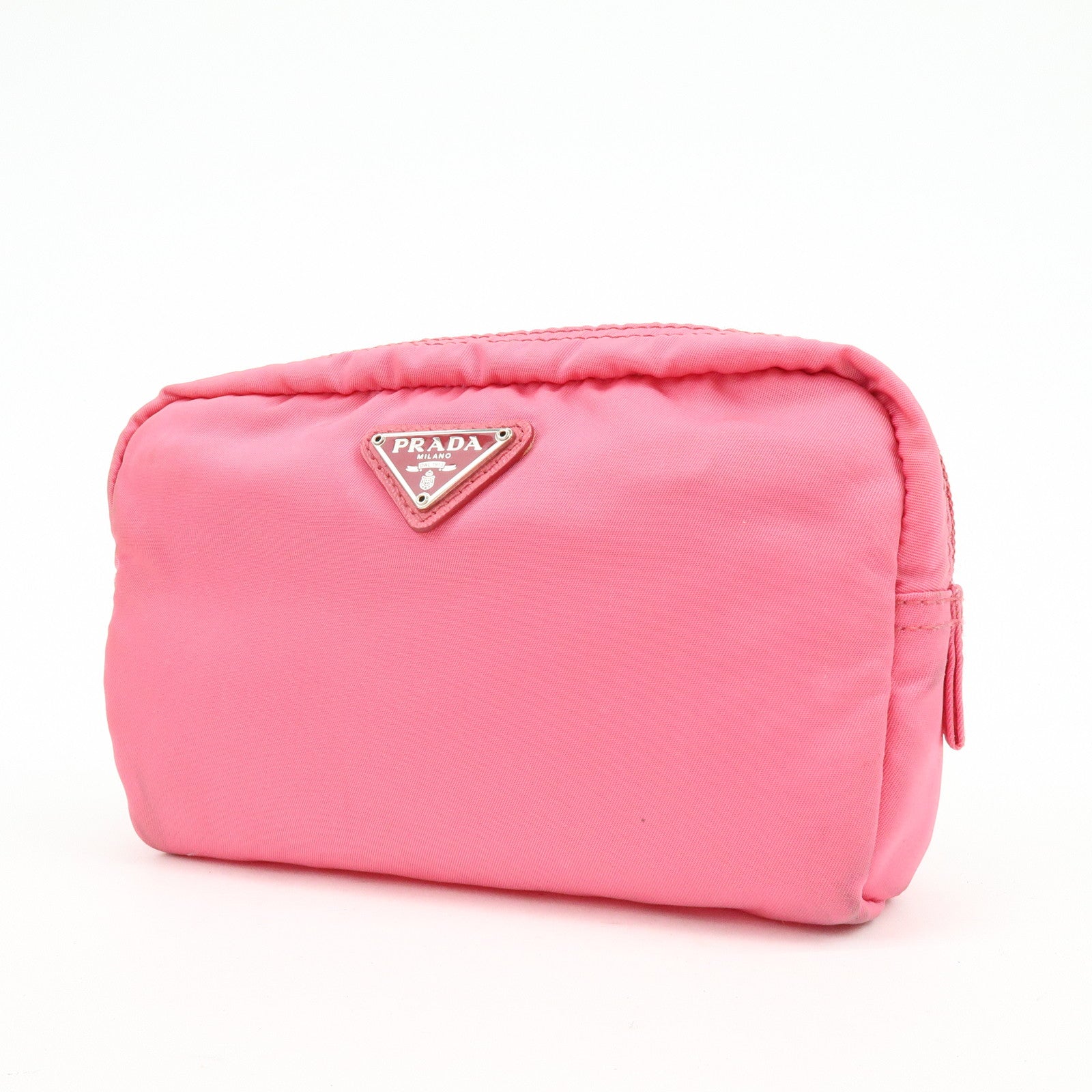 PRADA Triangle Logo Nylon Leather Cosmetic Pouch Pink 1NA021
