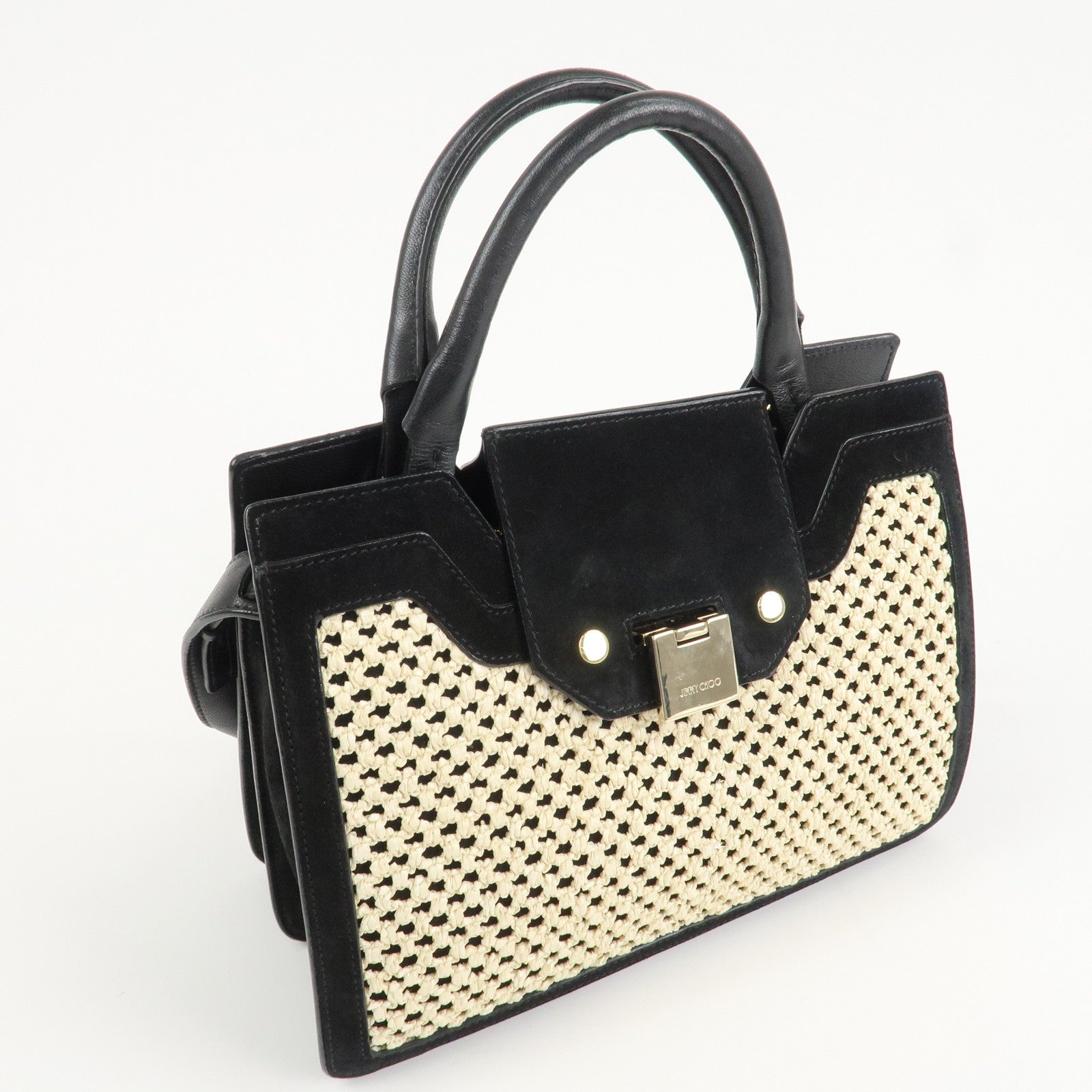 JIMMY CHOO Leather Suede Straw 2WAY Hand Bag Shoulder Bag Black Used