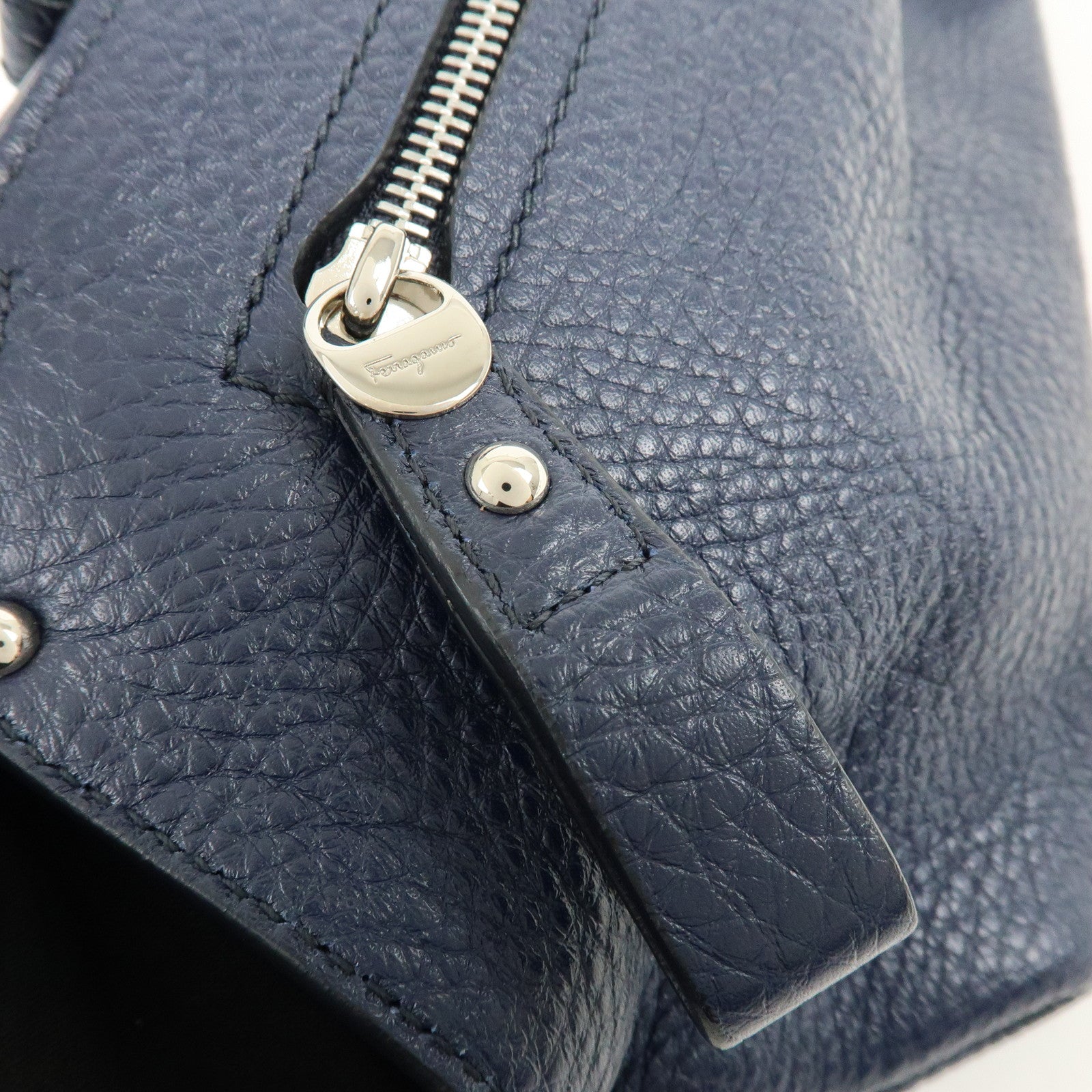 Ferragamo Gancini Leather Hand Bag Navy