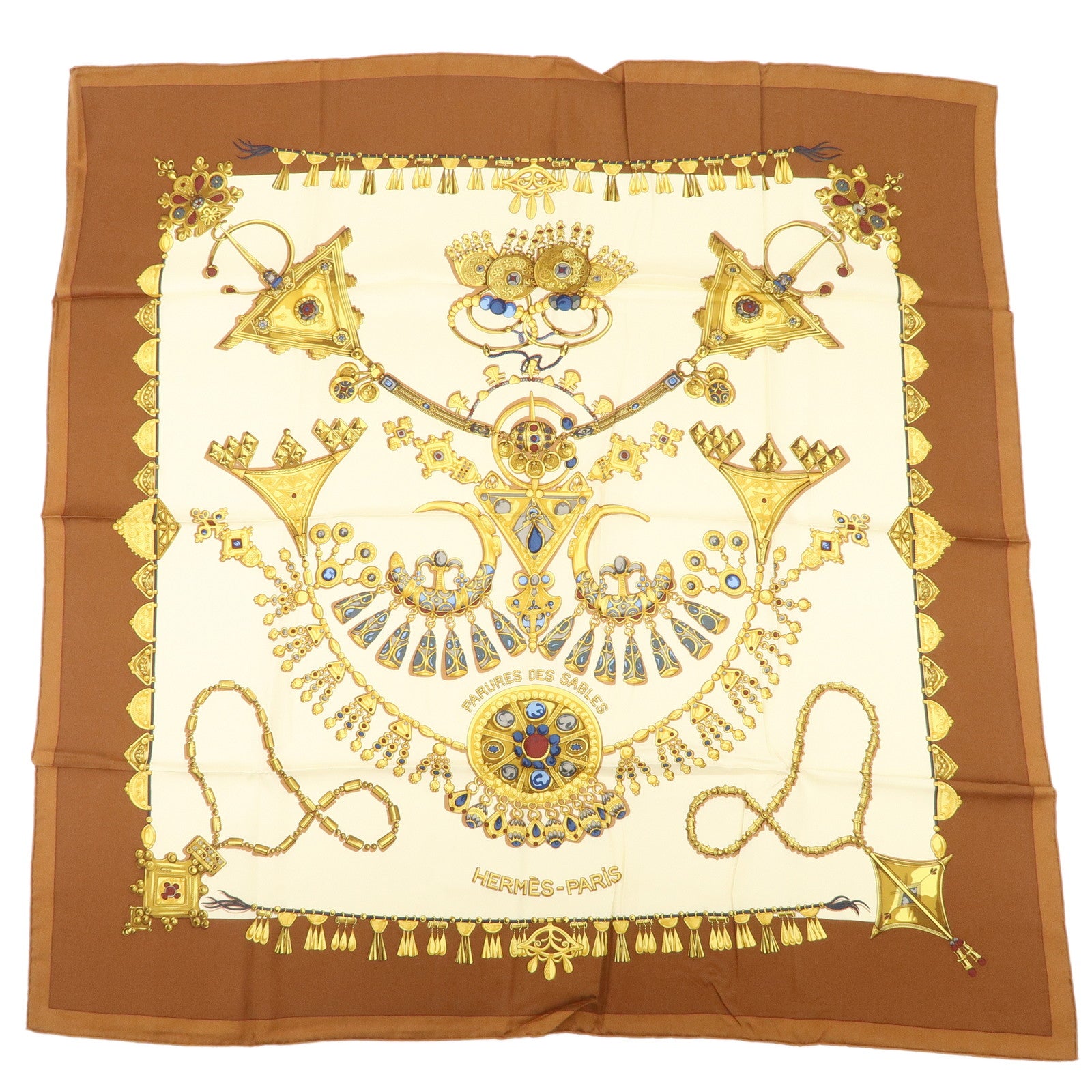 HERMES Carre 90 Silk 100% Scarf PARURES DES SABLES Gold Brown Used