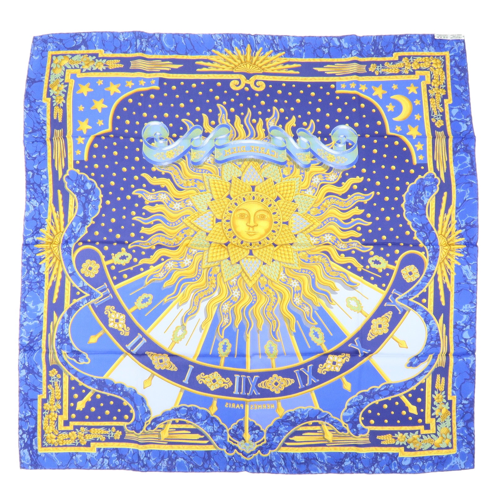 HERMES Carre 90 Silk 100% Scarf CARPE DIEM Blue Gold