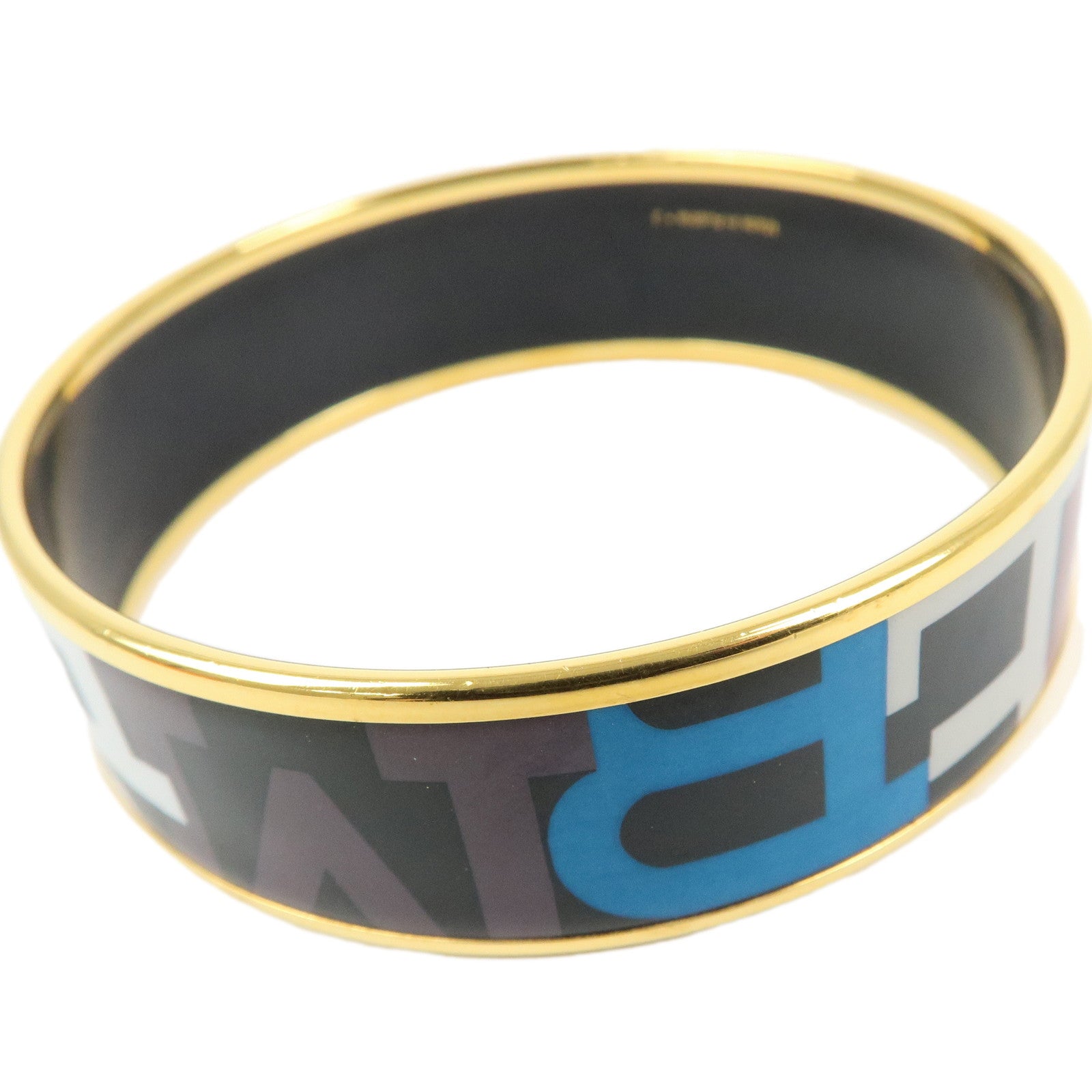 HERMES Email GM Gold Plated Bangle Bracelet Black Multicolor