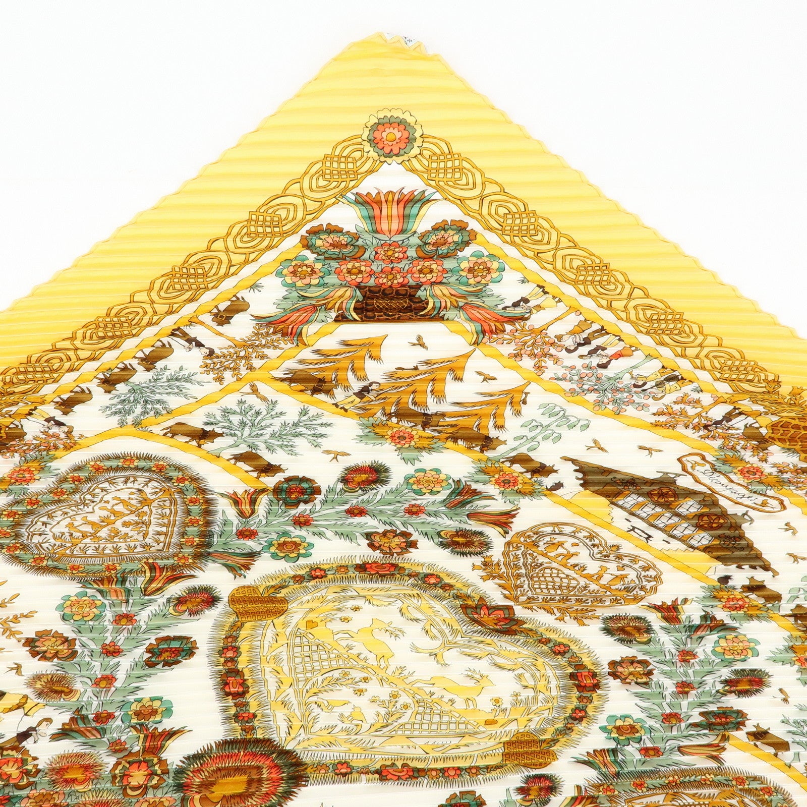 HERMES Pleated Carre 90 Silk 100% Scarf DECOUPAGES Yellow Orange