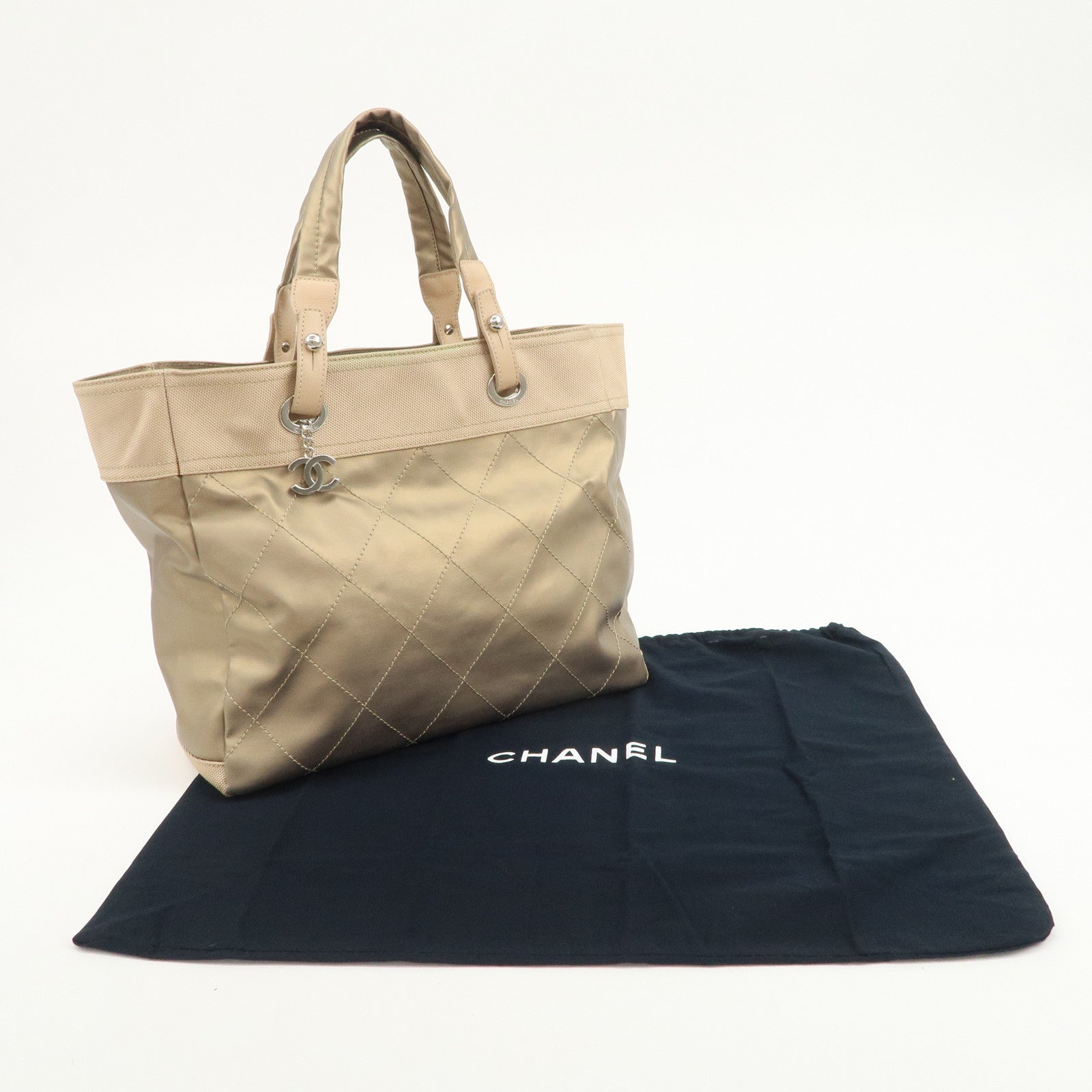 CHANEL Paris Biarritz MM PVC Canvas Tote Bag Hand Bag Beige A34209