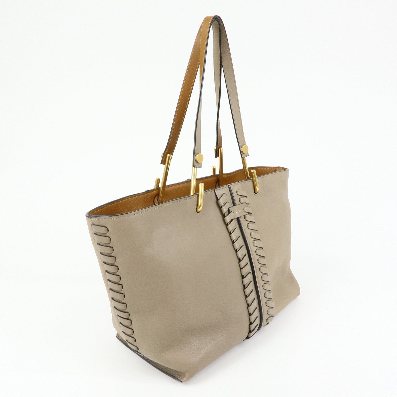 Chloe Leather Whipstitch Tote Bag Shoulder Bag Greige Beige