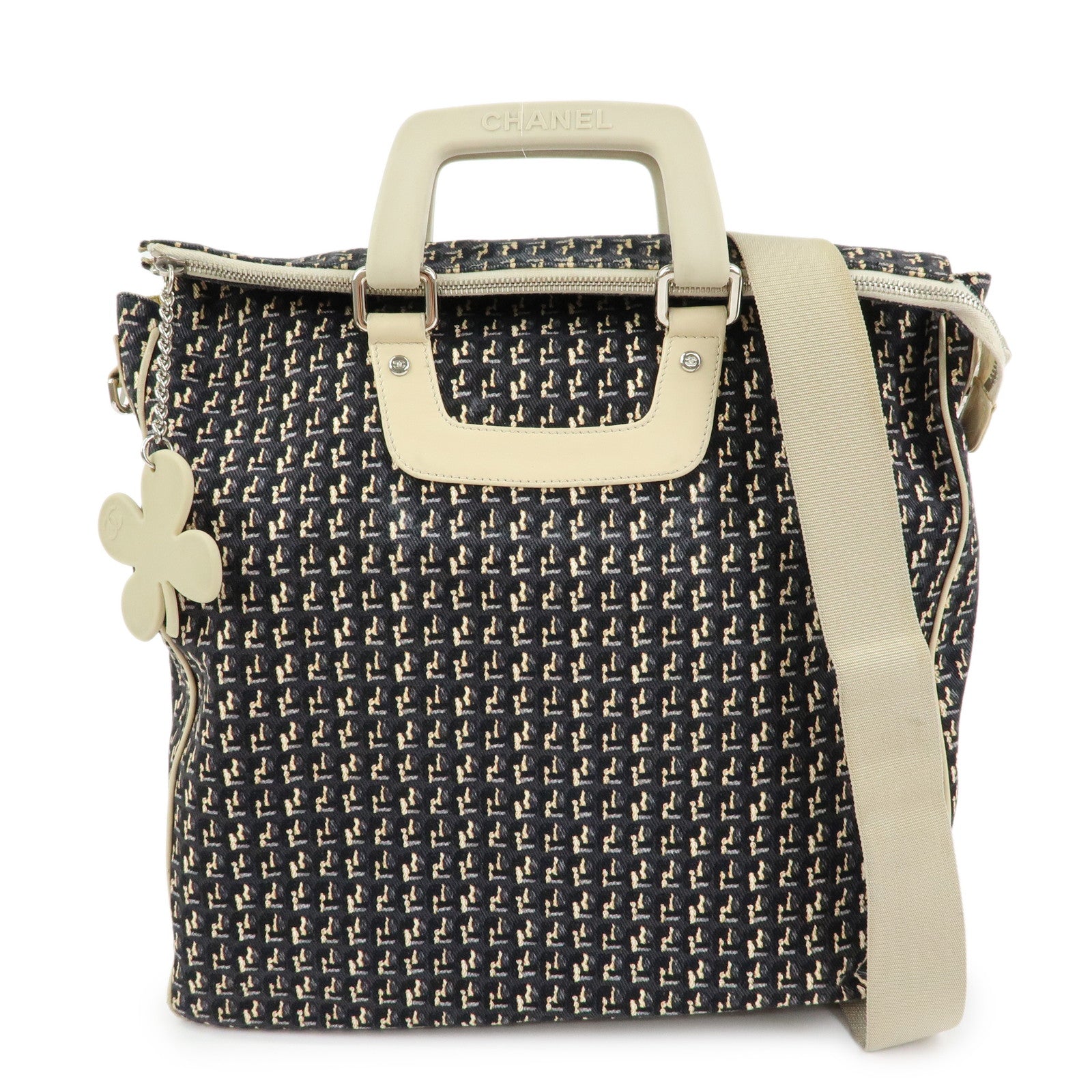 CHANEL Canvas Leather 2Way Bag Hand Bag Shoulder Bag Black Ivory