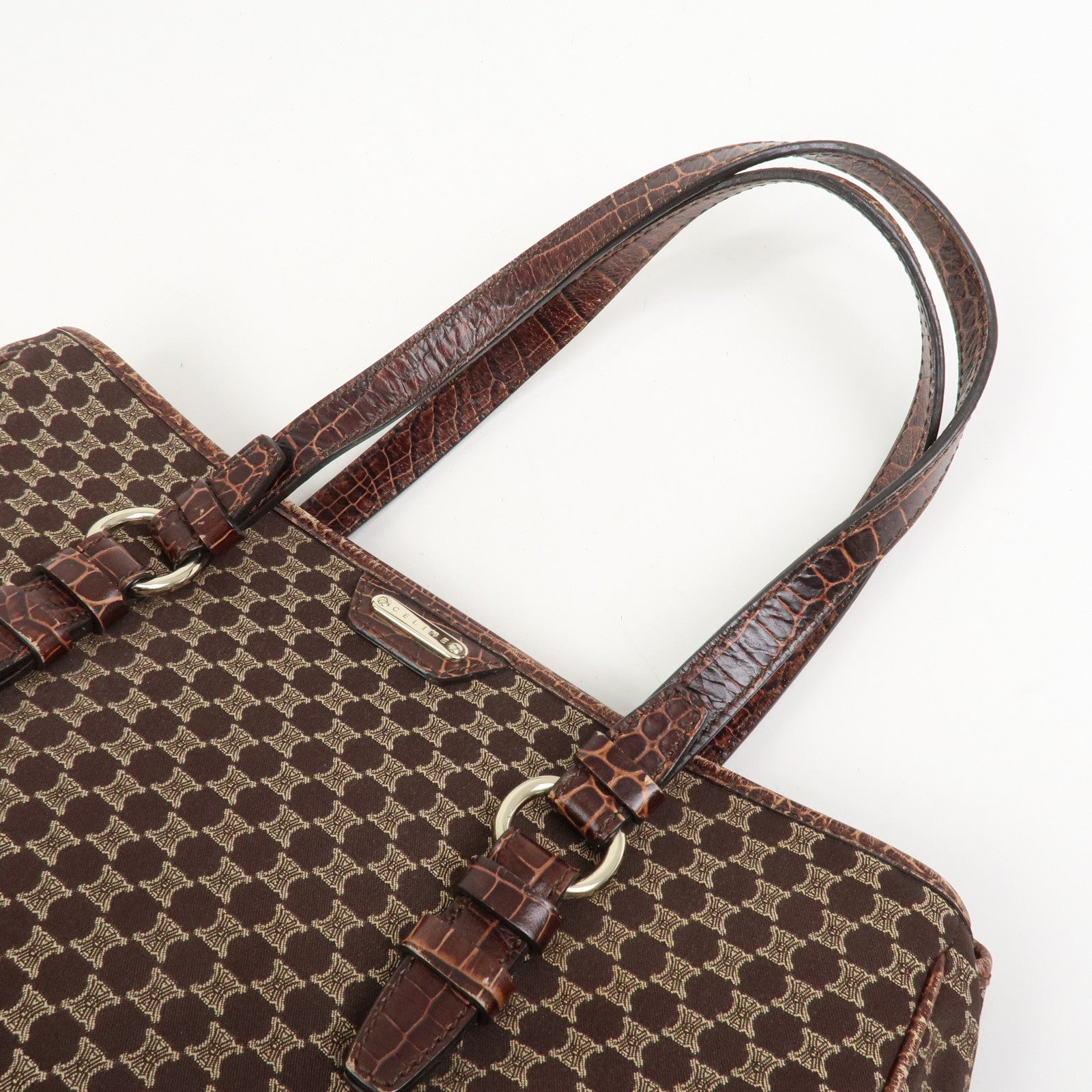 CELINE Macadam Canvas Embossed Leather Tote Bag Shoulder Bag Brown