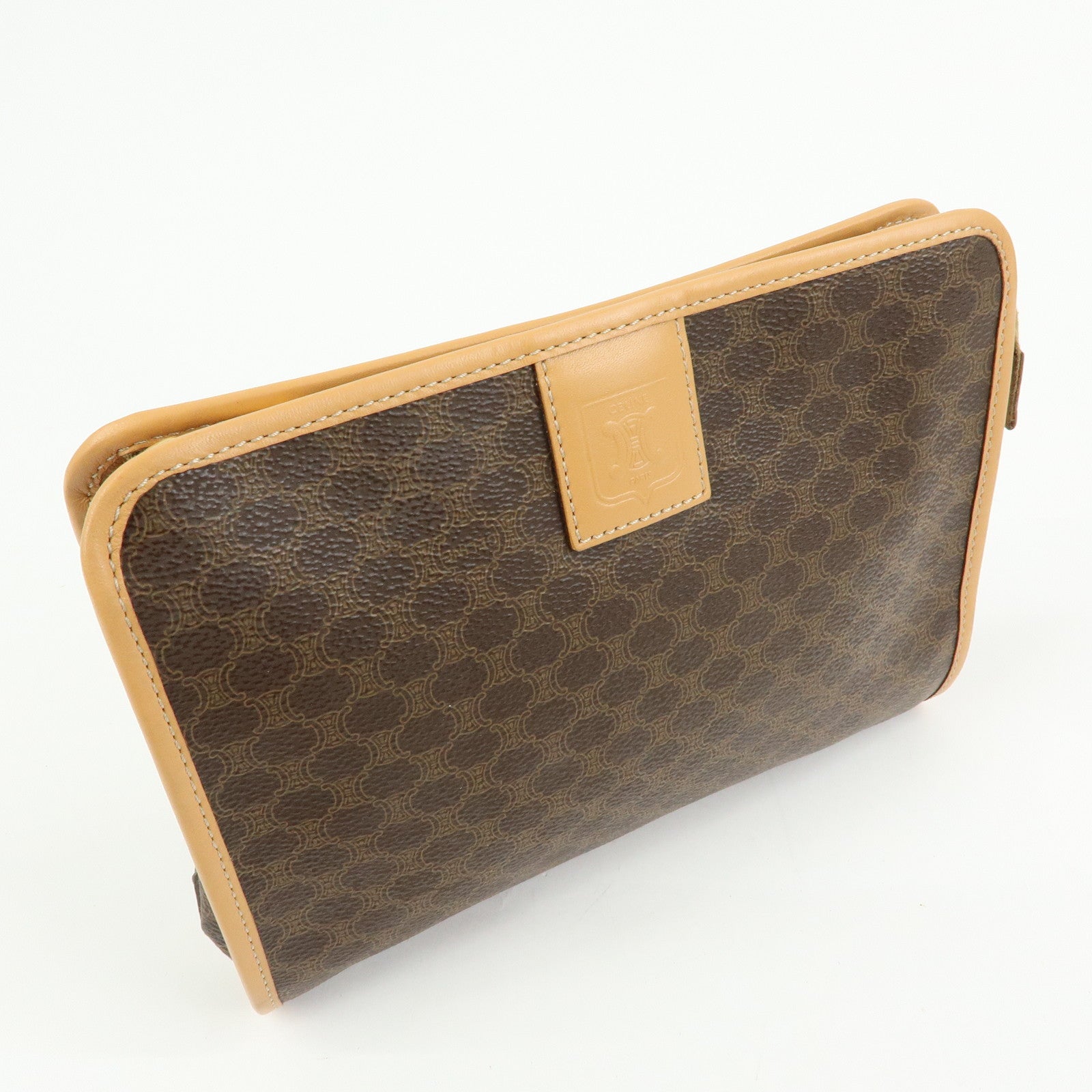 CELINE Macadam PVC Coated Canvas Leather Clutch Bag Pouch Brown