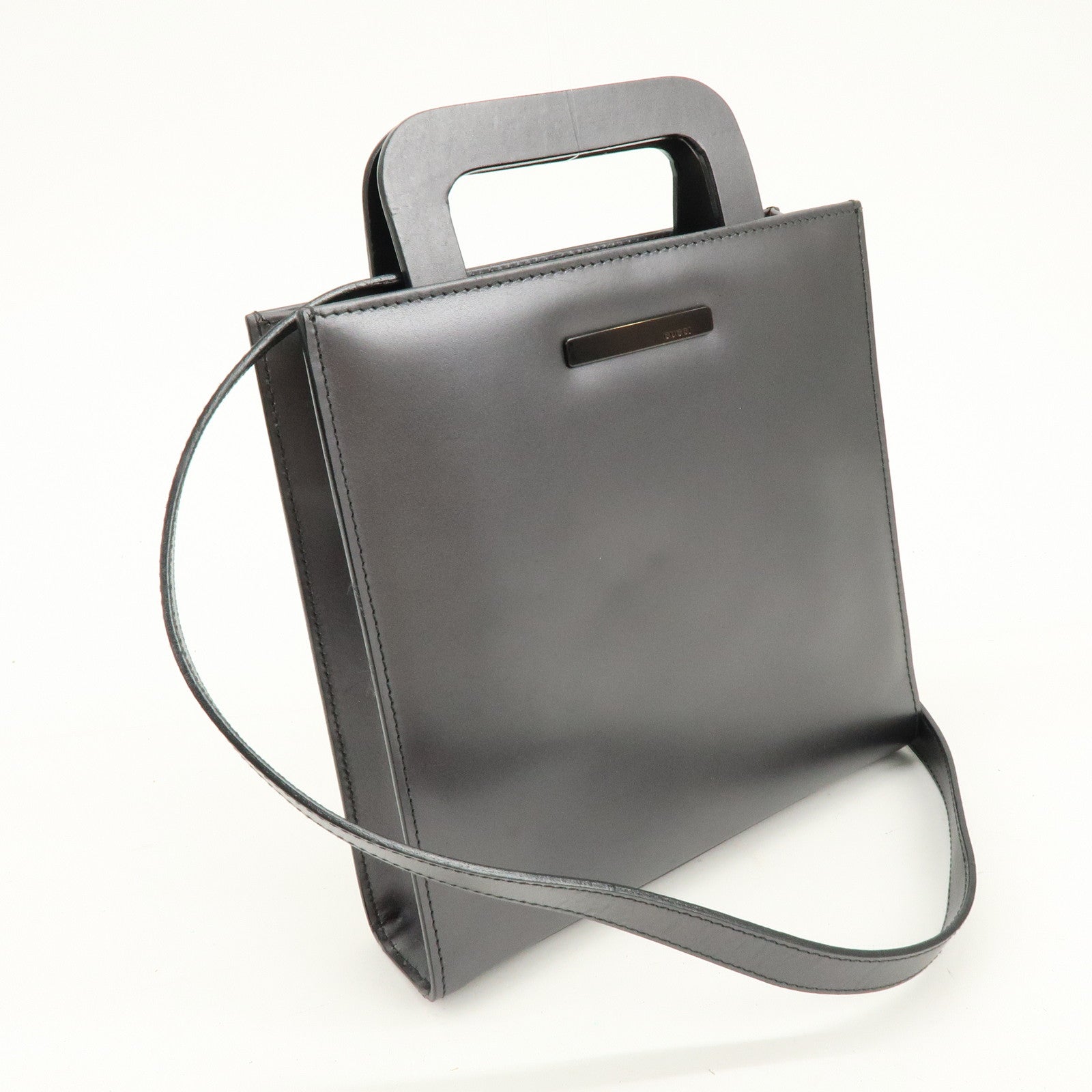 GUCCI Leather 2Way Bag Hand Shoulder Bag Silver Gray 001・1434・1855