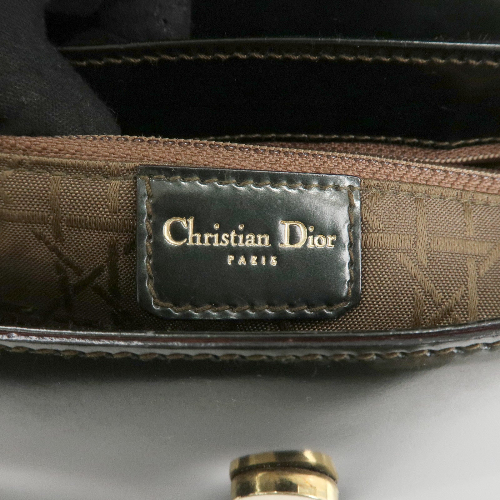 Christian Dior Enamel Leather Maris Pearl Shoulder Bag Hand Bag Khaki Used