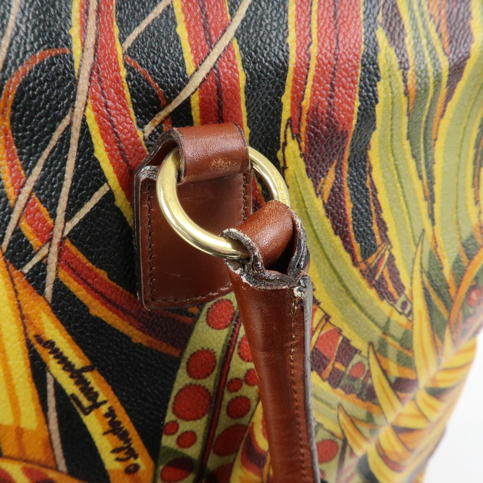 Ferragamo PVC Leather Tote Bag Shoulder Bag Black Brown Yellow