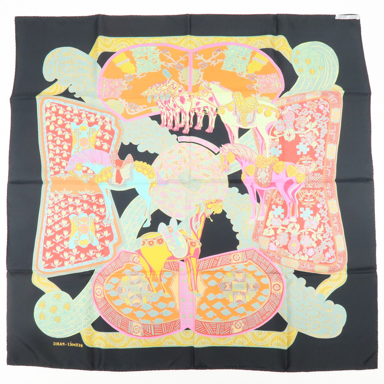 HERMES Carre 90 Silk 100% Scarf ART des STEPPES Horse Print Black