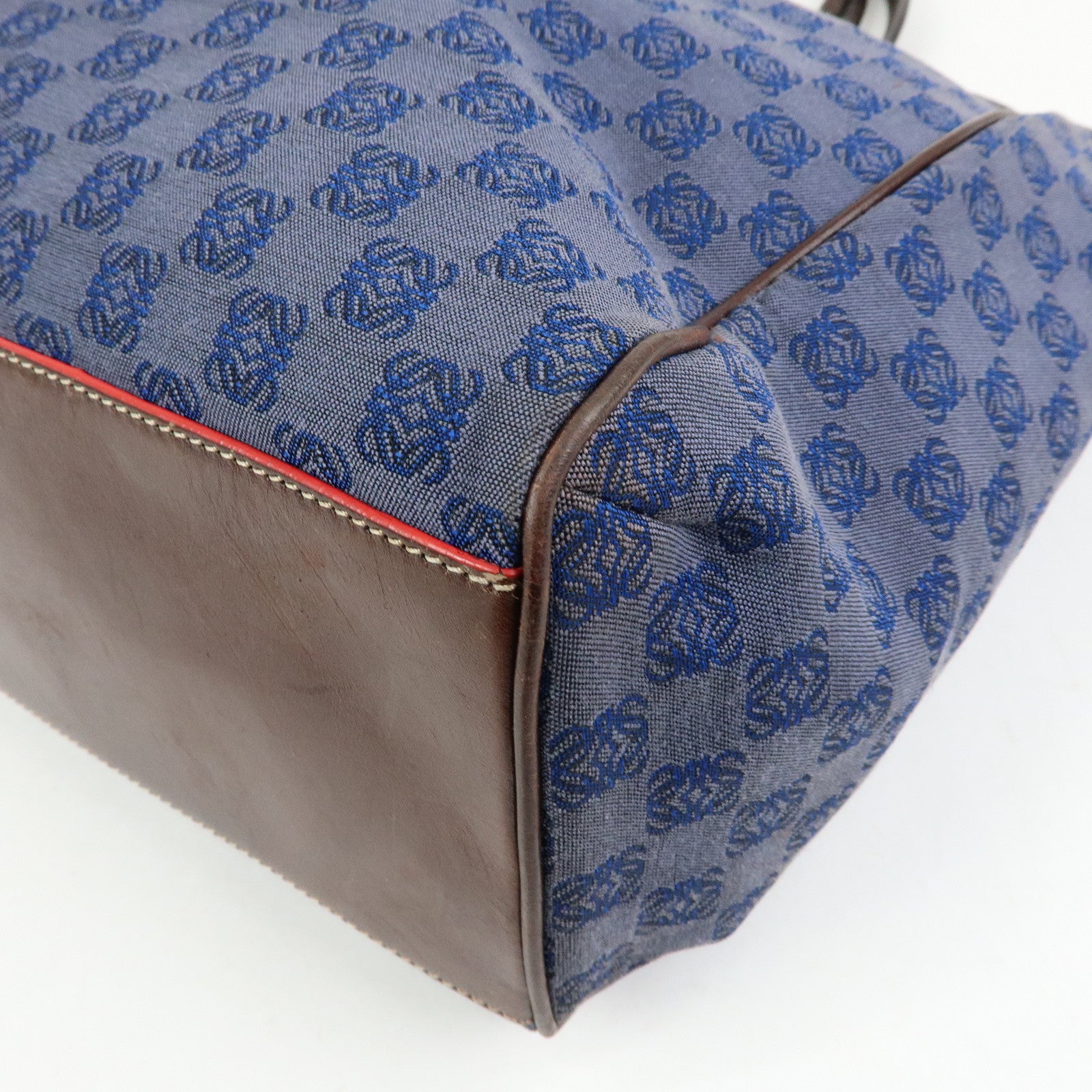 LOEWE Repeat Anagram Canvas Leather Tote Bag Hand Bag Blue Brown