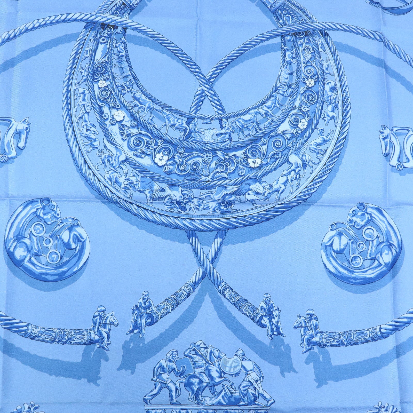 HERMES Carre 90 Silk 100% LES CAVALIERS D'OR Scarf Light Blue
