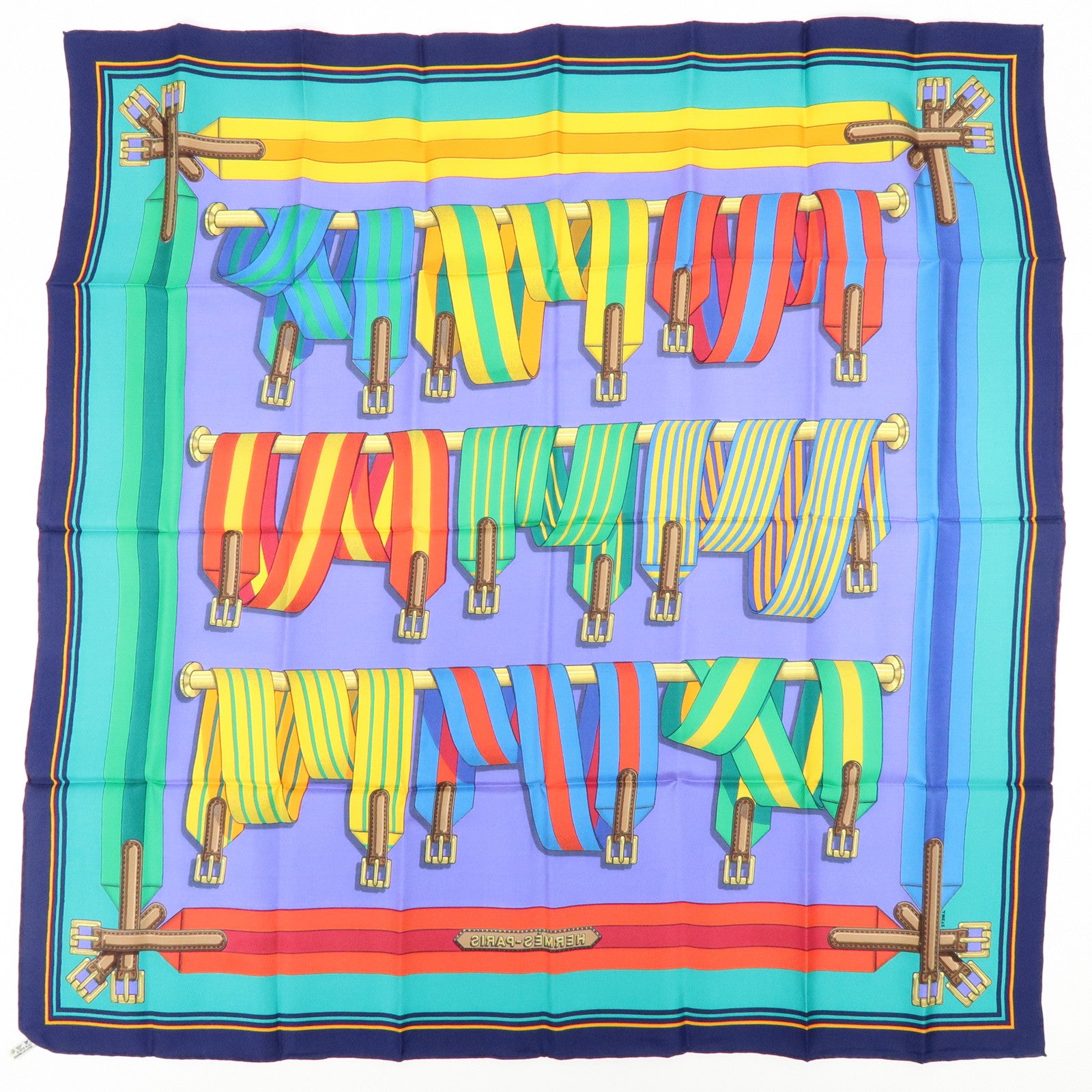 HERMES Carre 90 Silk 100% Scarf J.METZ Les Sangles Purple