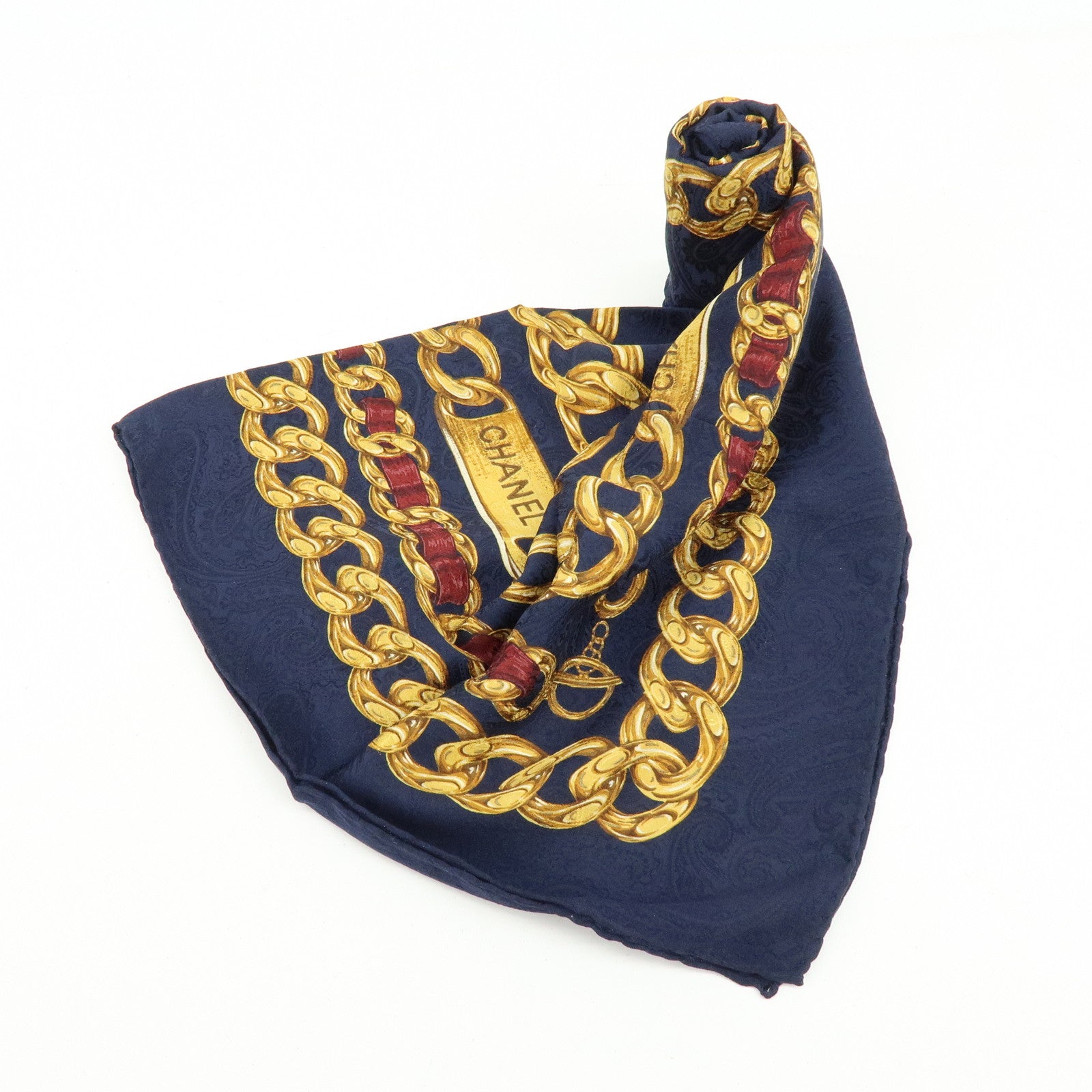CHANEL COCO Mark Silk 100% Scarf Chain Motif Navy Gold