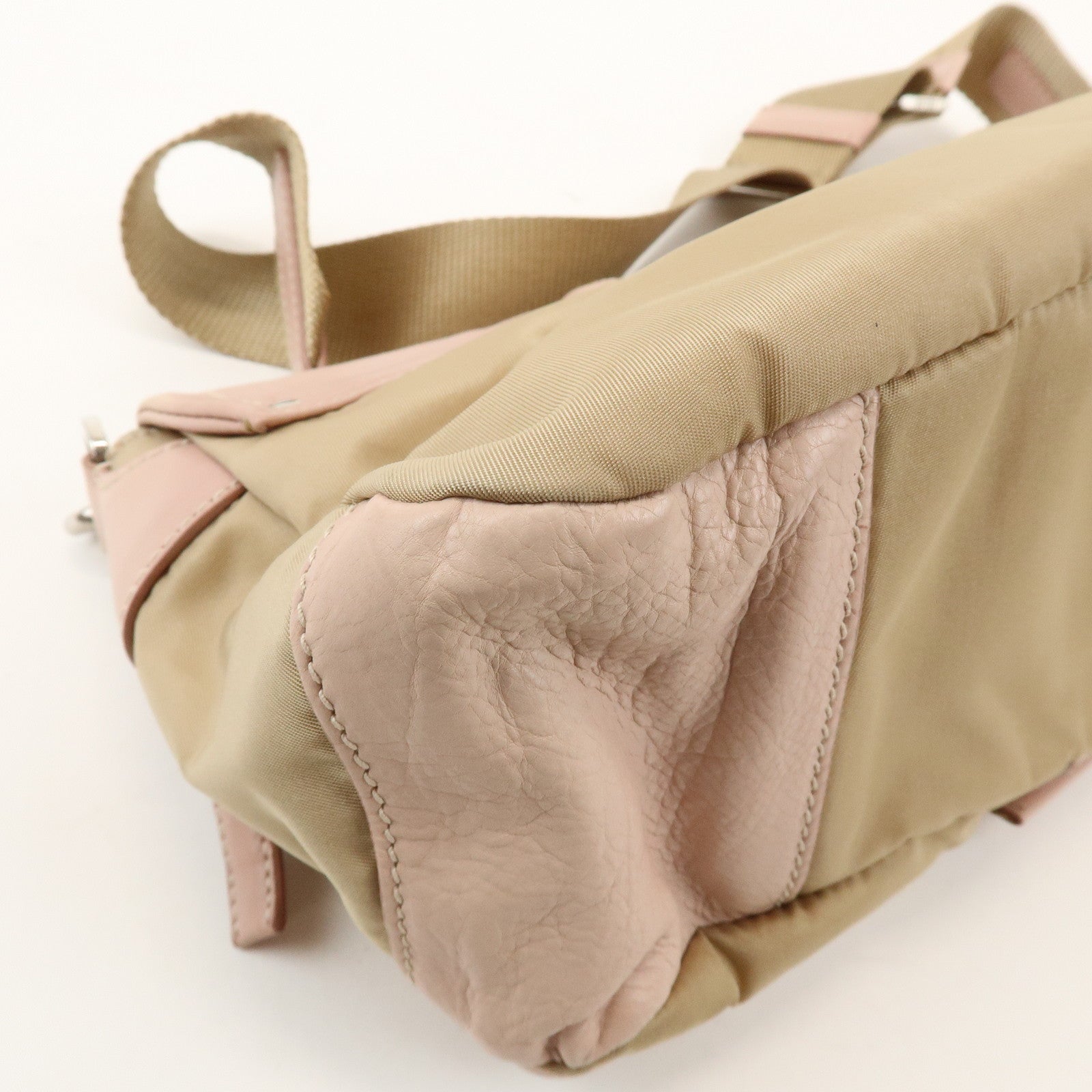 PRADA Triangle Logo Nylon Leather Shoulder Bag Beige Pink BR2417