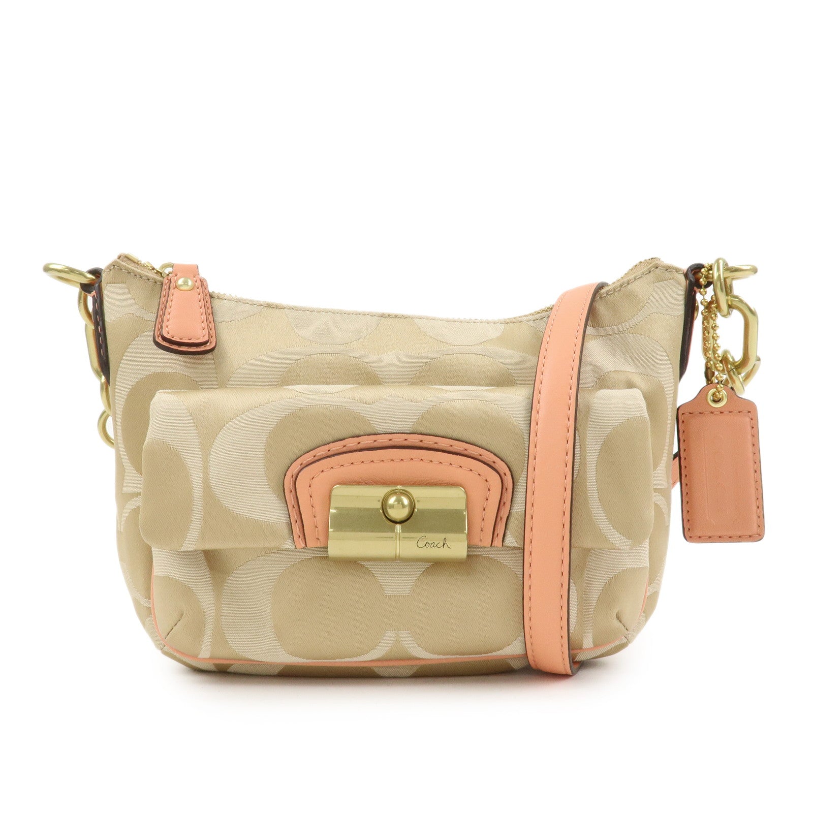 COACH Signature Canvas Leather Shoulder Crossbody Bag Beige Pink