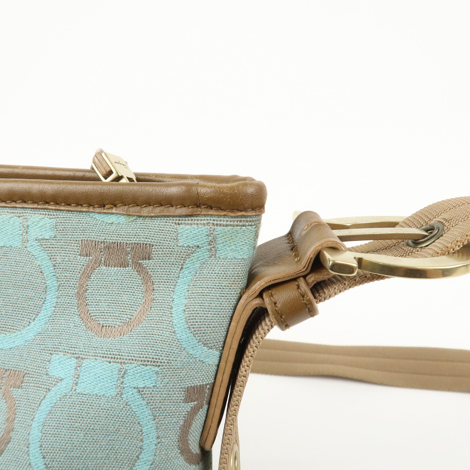 Ferragamo Gancini Logo Canvas Leather Shoulder Bag Light Blue Brown