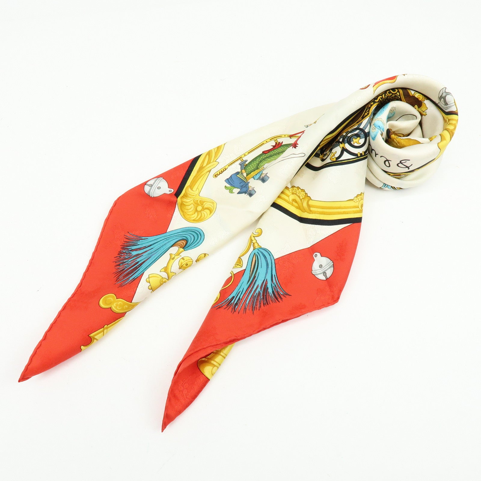 HERMES Carre 90 100% Silk Plumes et Grelots Scarf White Red
