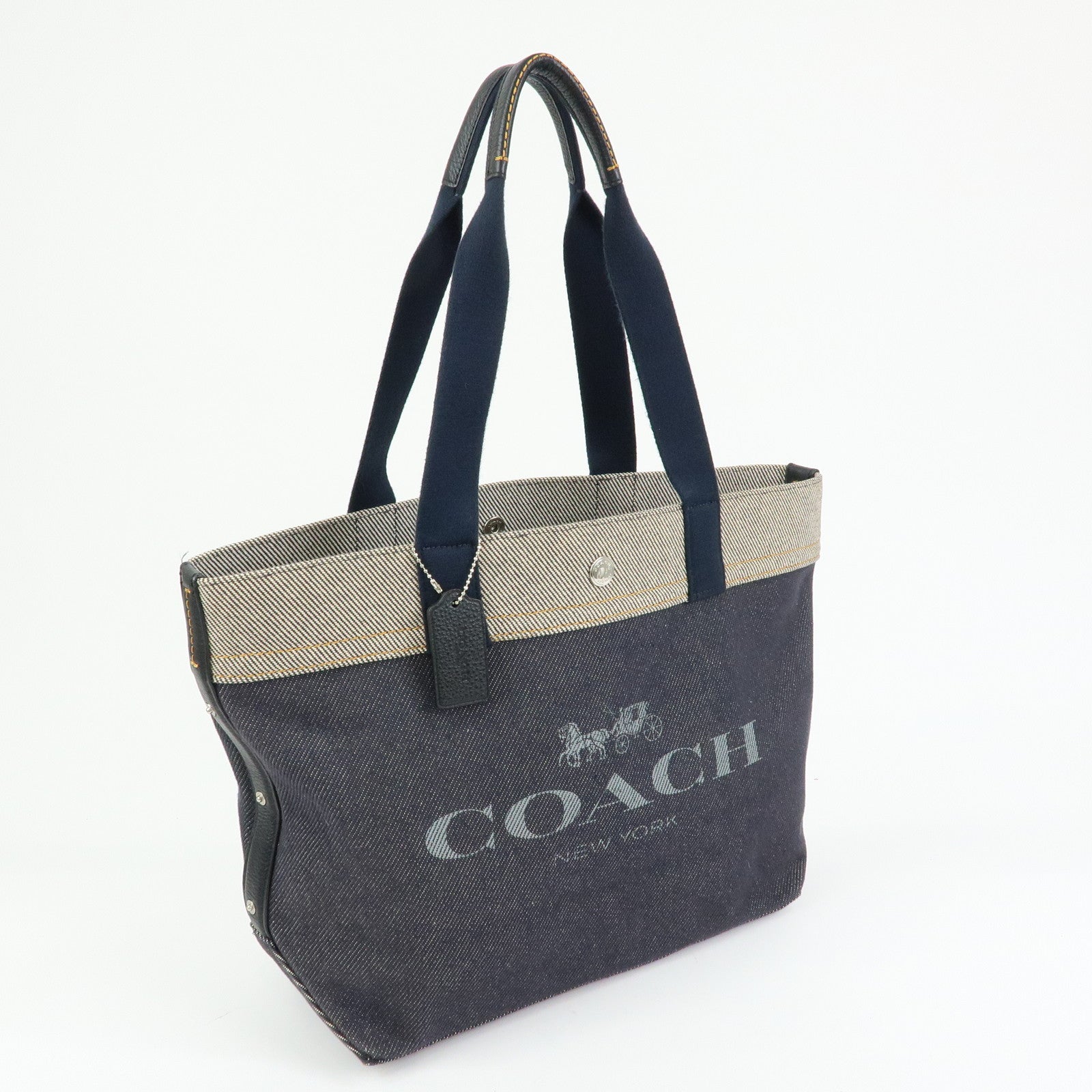 COACH Denim Leather Tote Bag Shoulder Bag Hand Bag Navy