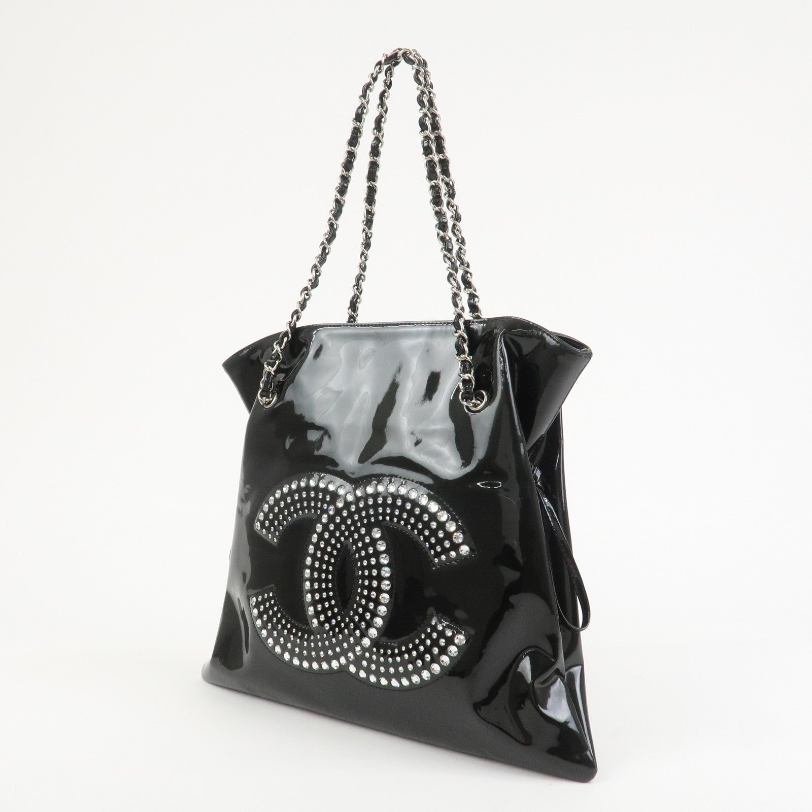 CHANEL COCO Mark Patent Leather Rhinestone Tote Bag Black