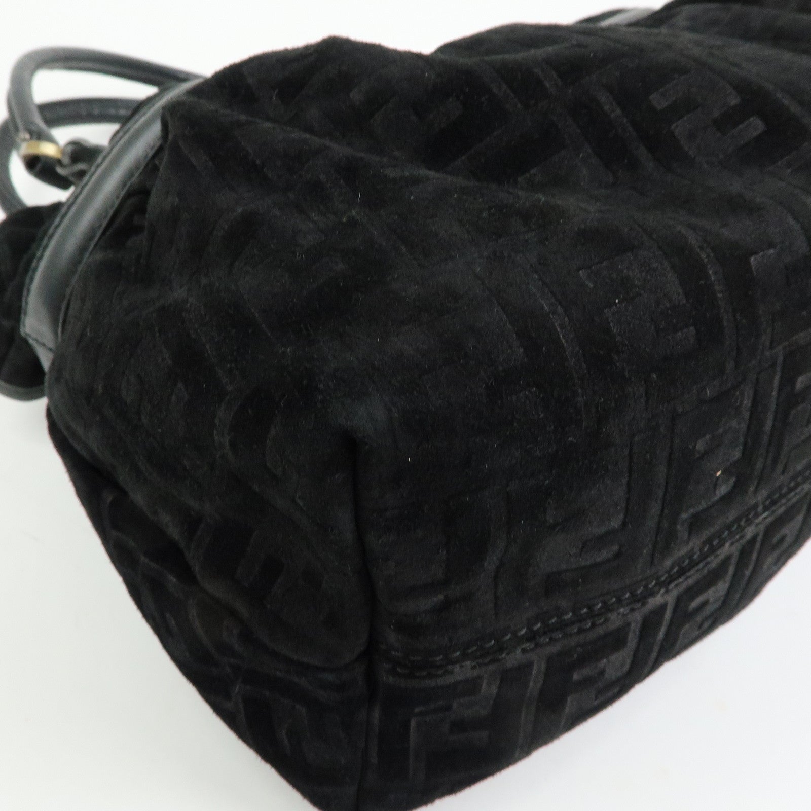 FENDI Zucca Suede Leather Gathered Shoulder Bag Black 8BH186